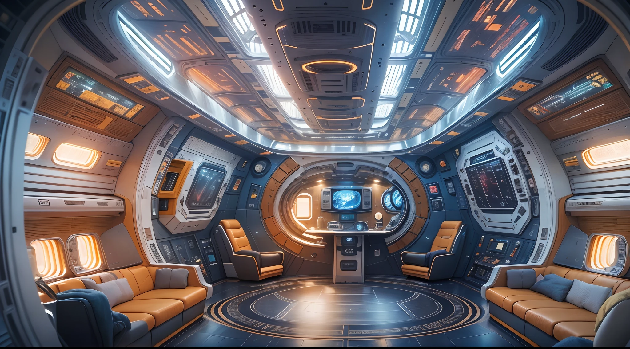 The interior of the spaceship, Cabin, A large porthole in which you can see the space, Highly detailed, High-end lighting, cinematic world, Futuristic, cozily, Bright space