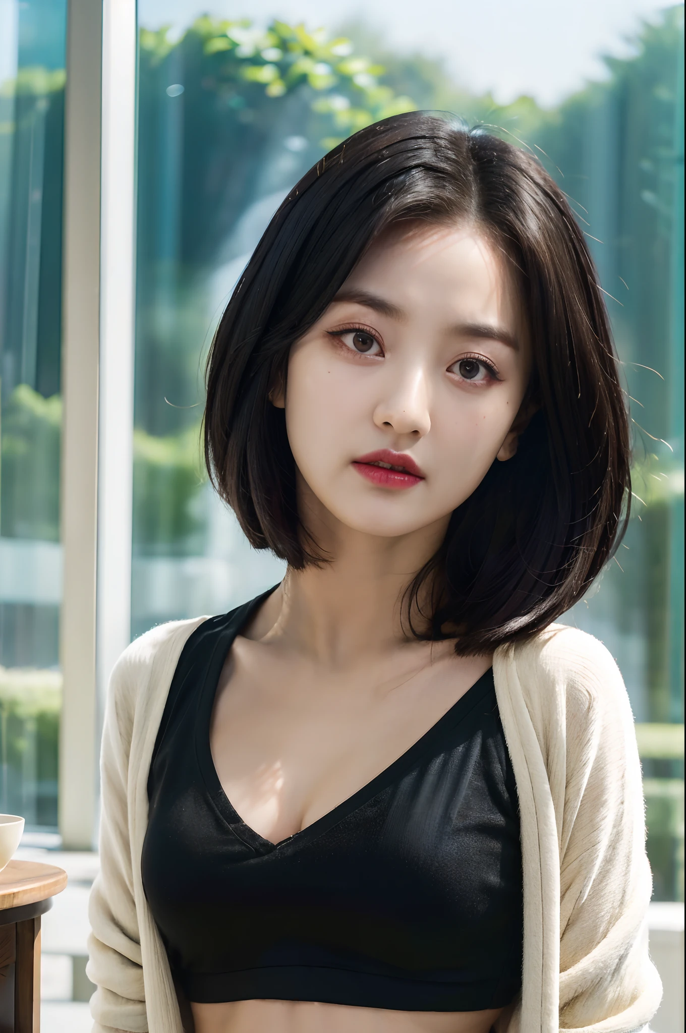 (forehead, cropped jacket, abs, midriff, frown, short hair, black hair, eyeliner:1.3), (masterpiece, best quality, beautiful quality), (photorealistic:1.4), (detailed lighting, extremely detailed skin, extremely detailed hair, shadows, 8k, a picture of a Jihyo, 1girl:1.2), looking at viewer, (High Key Lighting), masterpiece, top quality, best quality, official art, unity 8k wallpaper, highres, ultra-high res, ultra-detailed, beautiful and aesthetic