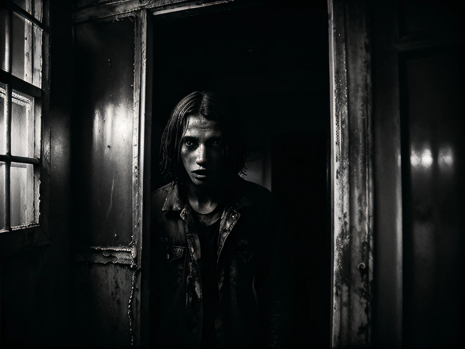 black and white, deepset eyes, a man talking to a creepy mirror, grunge textures, atmospheric, grotesque chiaroscuro, high contrast, gory detail, film noirstyle, using a Yashica Electro 80mm camera, wide shot