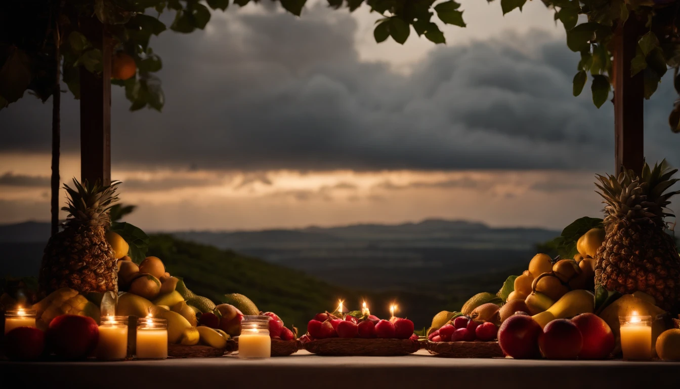 um altar feito na rocha em um campo aberto, com frutas em cima de uma rocha, being illuminated with a light that comes from the clouds in the sky