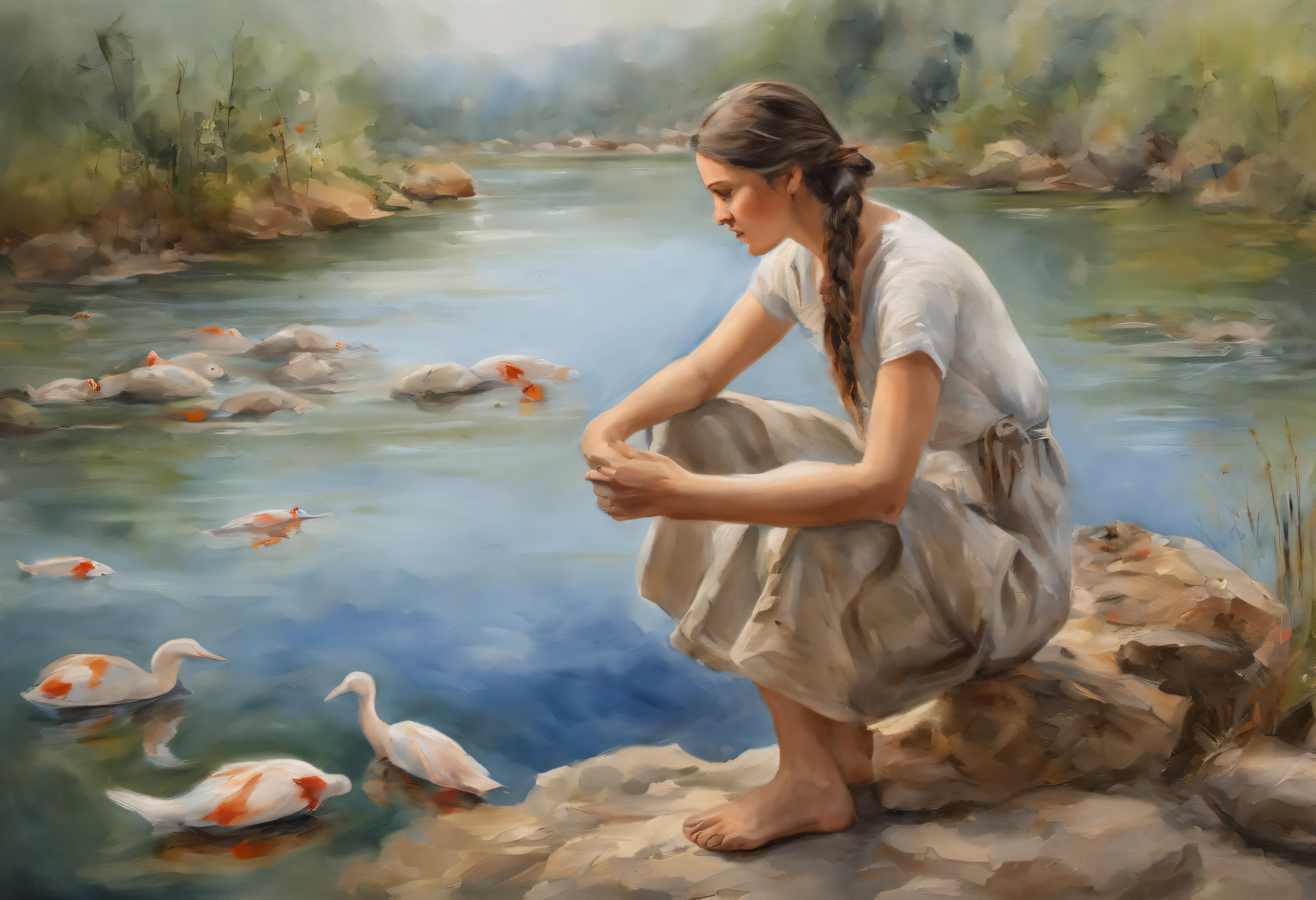qualidade de imagem do filme,China-style,Girl sitting in giant koi flying in the sky,nuvens espessas,Short hair and small braids,Denim suspenders,Bare feet,profundidade de campos,Luz alta,luz real,Traching de raias,oc renderizado,hyper-realistic,melhor qualidade,8k,Obras de mestres,super-fino,pelos pubianos detalhados,anatomia correta,sharp focus on eyes,Bokeh,Facial features are carefully described