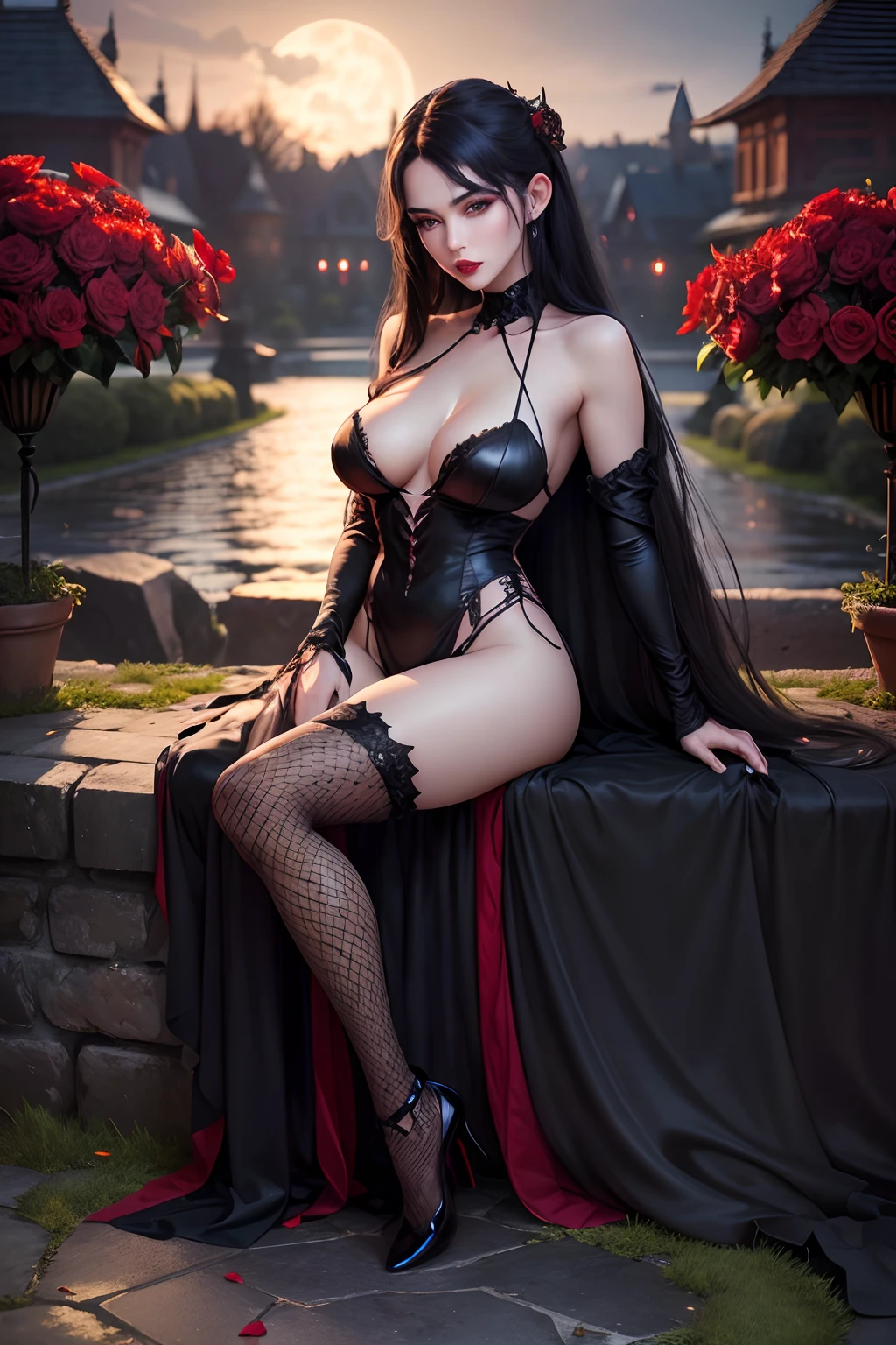 (best quality,4k,8k,highres,masterpiece:1.2),ultra-detailed,(realistic,photorealistic,photo-realistic:1.37),beautiful detailed eyes,beautiful detailed lips,extremely detailed eyes and face,longeyelashes,vampire,woman,sexy, straight hair,portraits,dark and mysterious atmosphere,vivid colors,seductive gaze,translucent skin,pale complexion,sharp cheekbones,lush red lips,silky black hair flowing down her back,gothic clothing,floor-length black dress,fishnet stockings,high heels,nighttime scene,moonlit garden,old stone castle in the background,romantic and alluring,subtle hint of danger,vibrant red roses,thorny vines,moonlight illuminating her enchanting presence