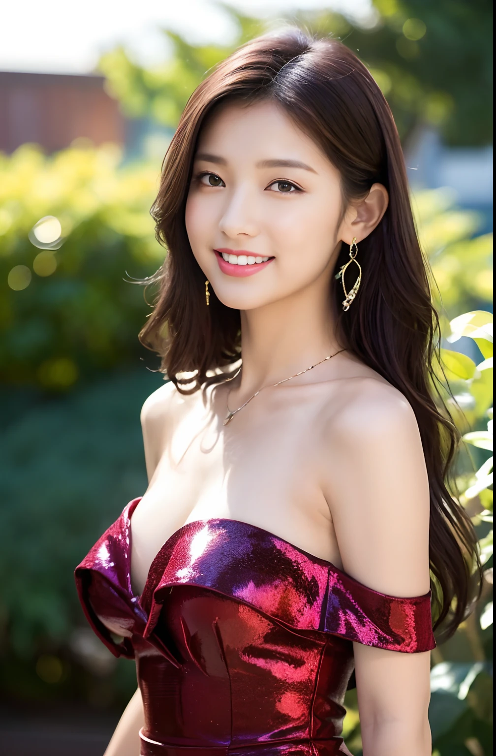 (18-year-old sweetheart), (Colossal tits:1.0),   Flower garden in the background、Riding a retro bike、Off-shoulder long dress with white ruffles、Let your hair flutter in the wind、(​master piece: 1.3), (max resolution: 1.4), (UltraHD: 1.2), cinematric light, UltraHD,Flush cheeks:1.2、 (Detailed eyes and skin), (detailed facial features), nffsw, 8K分辨率, Perfect Style, Beautiful expression、Highly detailed facial and skin texture、A detailed eye、二重まぶた、Glitter Eyeliner:1.2、shinny skin、（fair white skin:1.8)、（de pele branca:1.8)、Red Rouge、Dark lipstick:1.2、shiny little necklace and earrings、（shiny lip:1.2)、Glossy lips:1.2、((FULL BODYSHOT:1.2))、(Layered Hair Style、lightbrown hair)、medium-Long hair、(Very affectionate smile:1.3)、the morning sun