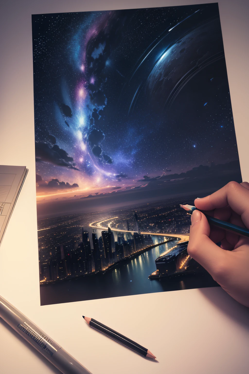 A pencil drawing of a futuristic city with the galaxy and stars in the distance