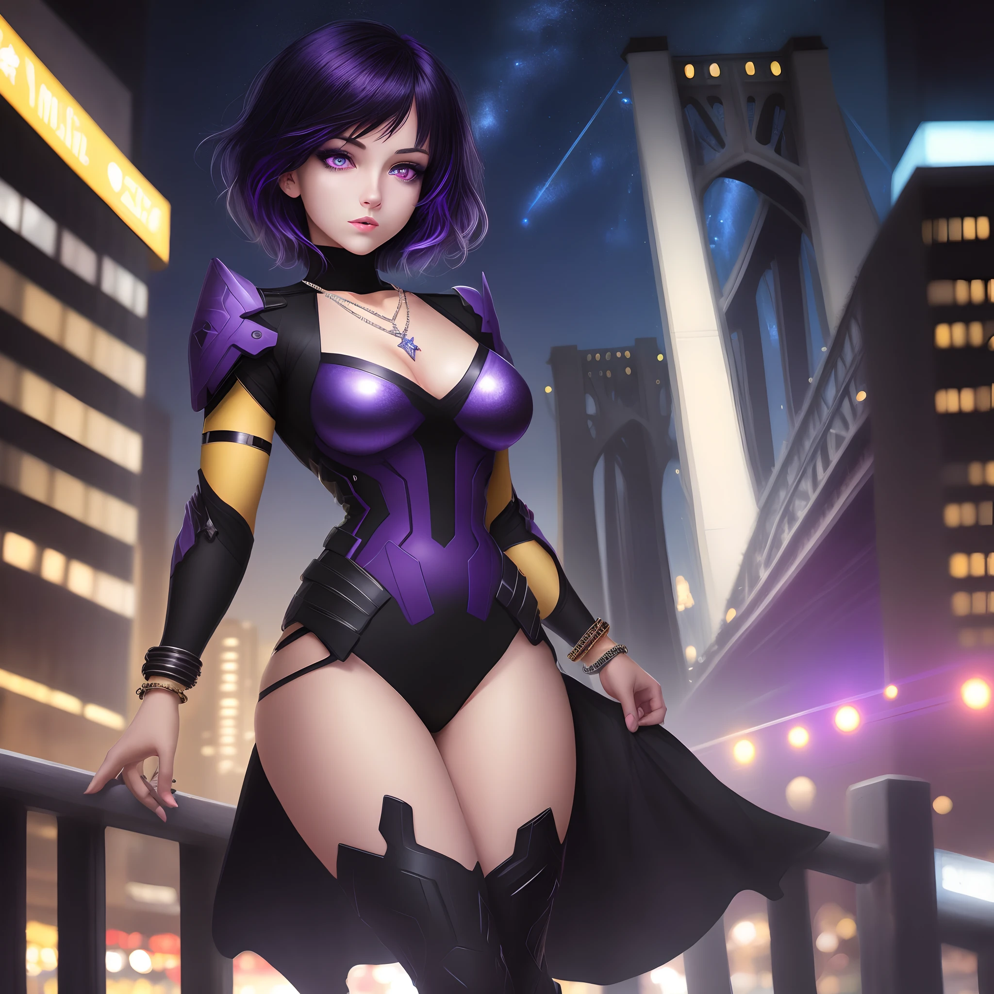 ,1girl, closeup, ultra Sharp colors, Sharp details, ultra high quality Purple eyes, black and yellow hair, short hair,sexy, bracelet, diamond necklace, medium breasts, soldier suit, thighs sparkles, city bridge night starry night, cinematic lighting