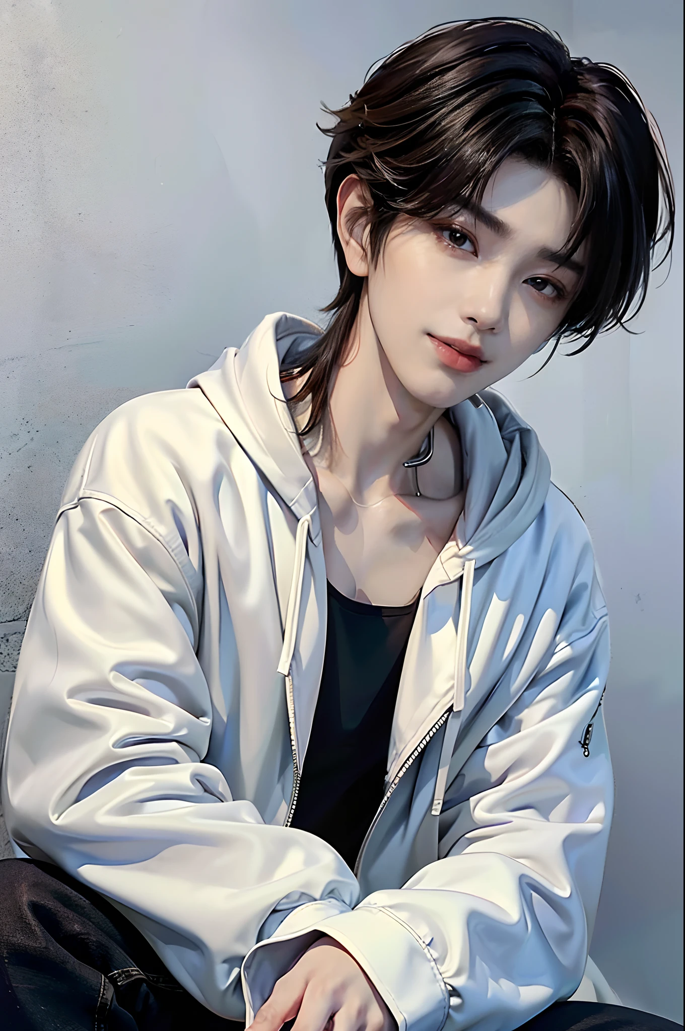 ((4K works))、masterpiece、(top-quality)、((high-level image quality))、((One Manly Boy))、Slim body、((Casual style with white hoodie and chic black denim jacket))、((Men's Fashion))、((He holds an iPhone in his hand))、(Detailed beautiful eyes)、In a fashionable city、Sitting on the curb and listening to music、Face similar to Chaewon in Ruseraphim、((short hair above the ears))、((Smaller face))、((Neutral face))、((Light brown eyes))、((Korean boy))、((18year old))、((Handsome man))、((Sexy expression smiling while sticking out her tongue and licking her lips))、((Korean Makeup))、((elongated and sharp eyes))、((photo of a model))、((Like a celebrity))、Professional Photos、((Shot alone))、((Sitting on the curb and listening to music through headphones))、((He sits in front of the viewer))、((Shot diagonally up from the front))、((Upper body photography))