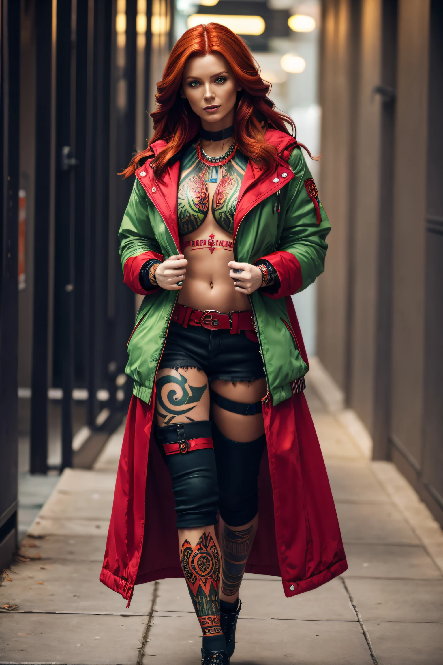 35 year old woman, red jacket, modern clothing, auburn hair, light background, full body, long hair, tribal tattoo, colorful parts, bold, realistic photo shot, human woman, green eyes, full body, imposing pose, lots of details, stylish outfit, beautiful, pretty, modest