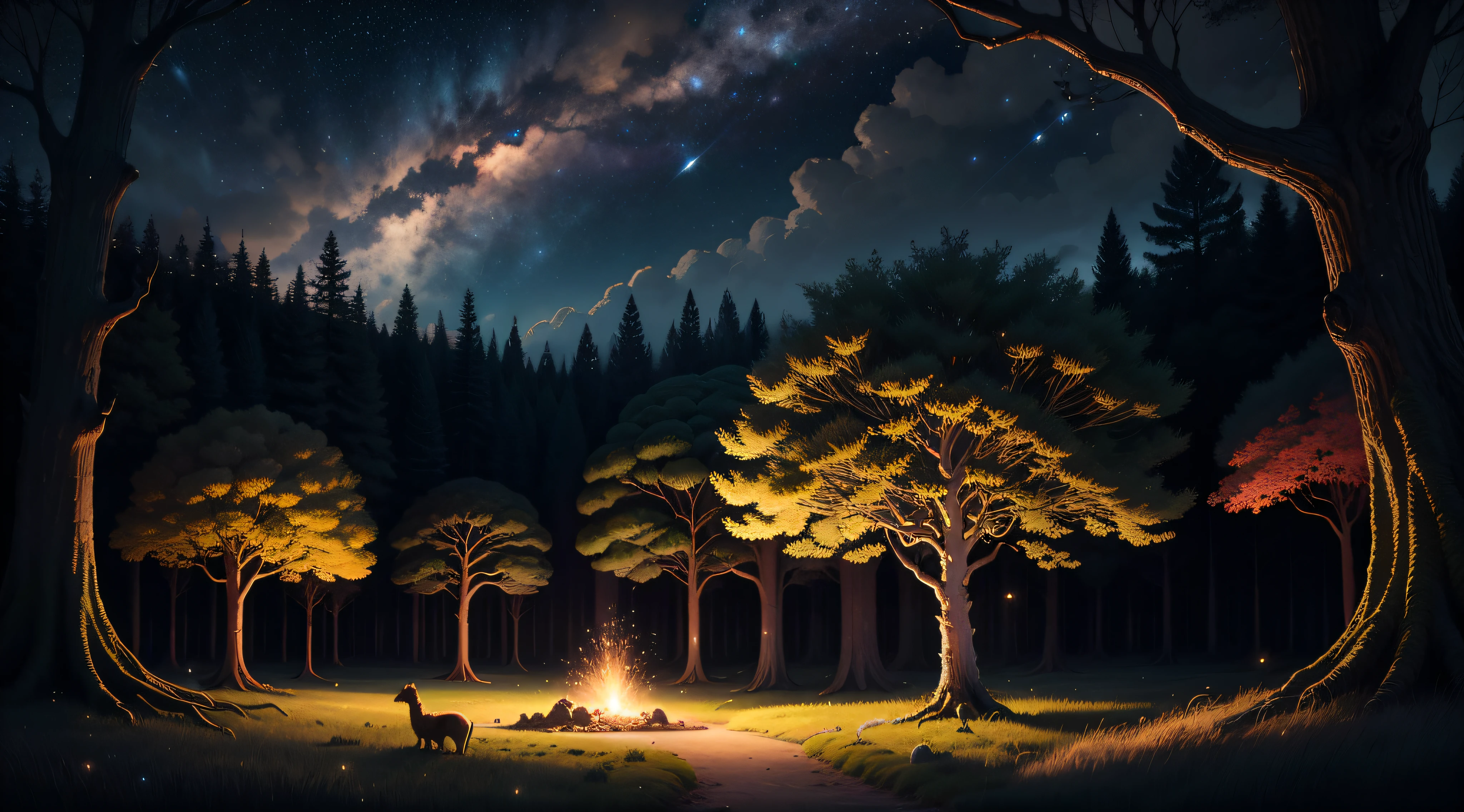 Enchanted and sparkling anthill, wonderful and fairytale forest, fireflies lit and twirling, starry night, majestic trees in the background, atmosphere-upscale, HDR,4K, realistic --auto