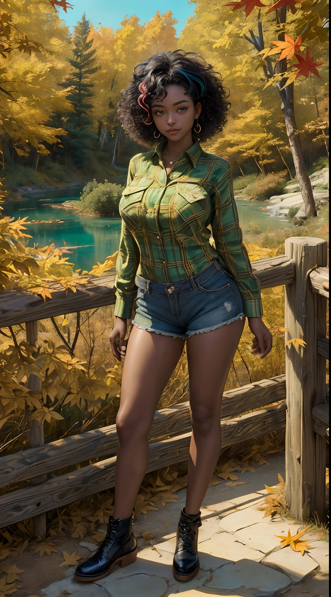 ((((Masterpiece, hiquality, absurdress) 1Woman, black hair, curly hair, Afro-curly hair, Green eyes, a perfect face, the perfect body, big breastes, short stature, very dark skin, 独奏, ((Best Quality)), ((Masterpiece)), (Detailed:1.4), Detailed eyes and face, Shoes, plaid flannel shirt, Shorts, woods, Lake, autumn, multicolored leaves on trees, Marble Canyon