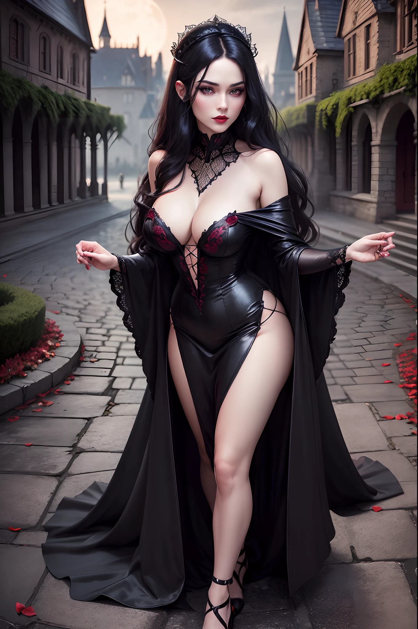 (best quality,4k,8k,highres,masterpiece:1.2),ultra-detailed,(realistic,photorealistic,photo-realistic:1.37),beautiful detailed eyes,beautiful detailed lips,extremely detailed eyes and face,longeyelashes,vampire,woman,sexy, straight hair,portraits,dark and mysterious atmosphere,vivid colors,seductive gaze,translucent skin,pale complexion,sharp cheekbones,lush red lips,silky black hair flowing down her back,gothic clothing,floor-length black dress,fishnet stockings,high heels,nighttime scene,moonlit garden,old stone castle in the background,romantic and alluring,subtle hint of danger,vibrant red roses,thorny vines,moonlight illuminating her enchanting presence