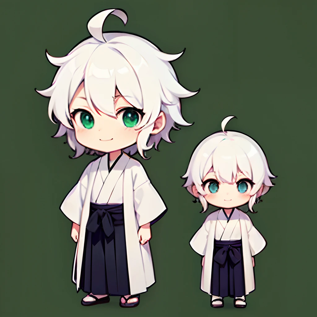 超A high resolution, Best aesthetic, the highest quality depiction,   Flat Avatar,  ((anime visual)), Cute art style, Chibi,   Ahoge, is shy, A smile,   simple background, side locks, High quality,((male people)),(white  hair),(Whitehair),(Green Hakama)