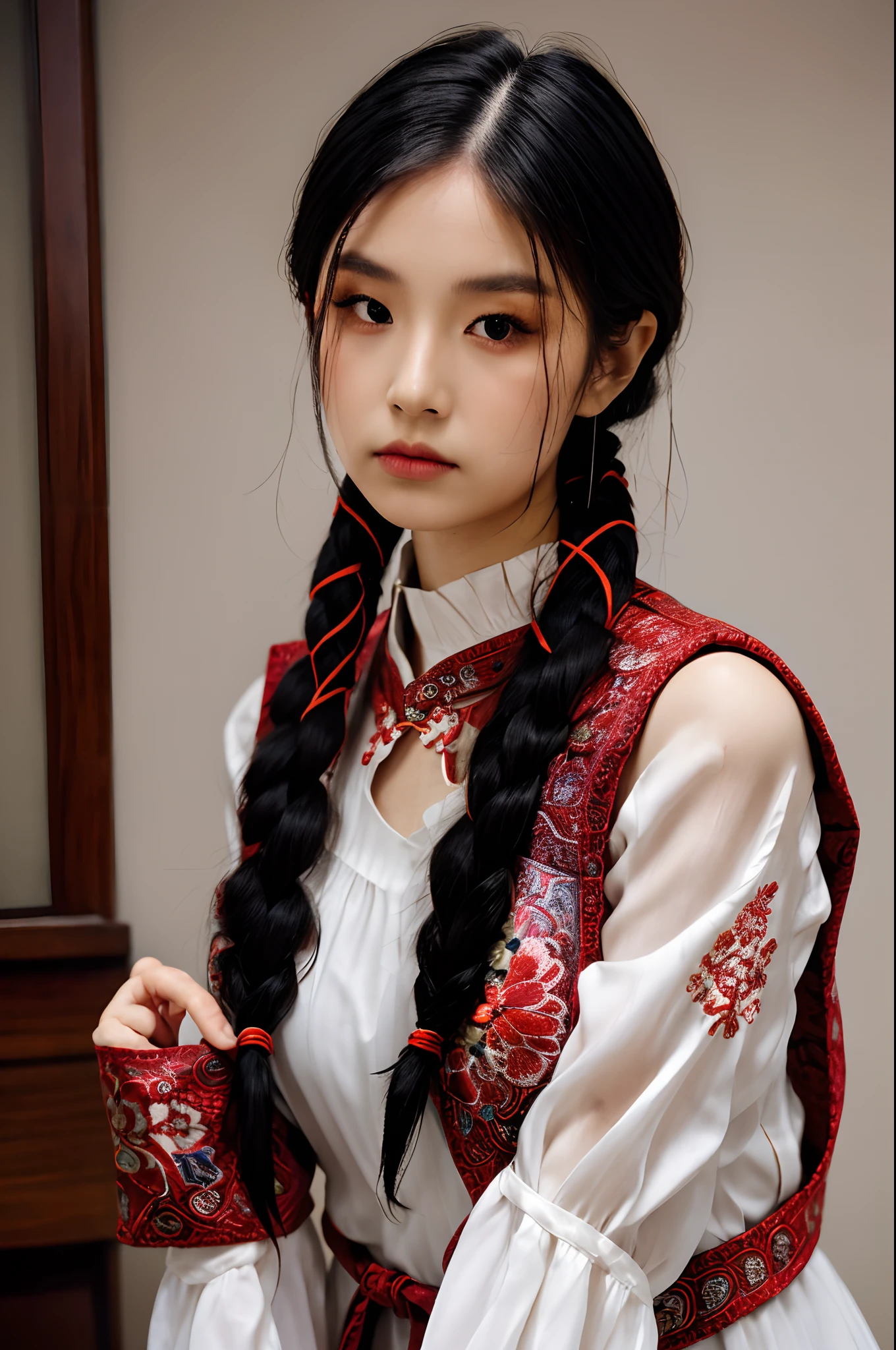 girl02, photographed on a Nikon Z7 II Mirrorless Camera,120mm F/4 wide-angle
girl02, 1girl, solo, long hair, looking at viewer, black hair, long sleeves, braid
a woman wearing a white dress and a black braid with a blue and red pattern on it's neck, Chen Lu, art nouveau fashion embroidered, a character portrait, aestheticism
a woman wearing a black top and red scarf with a red and white design on it's neck, Chen Jiru, art nouveau fashion embroidered, a silk screen, cloisonnism
best quality, masterpiece, ultra detailed, cowboy shot, flowing, 3dmm, ink sketch, color ink, ink rendering, octane render, pastels, rice paper, 1girl, beautiful detailed eyes, (alternate hairstyle), ultra detailed hair, graceful, (charming), (delicate), pretty, cute, lace dress, character in the center of the frame, rhythm, fantasy, looking at viewer,