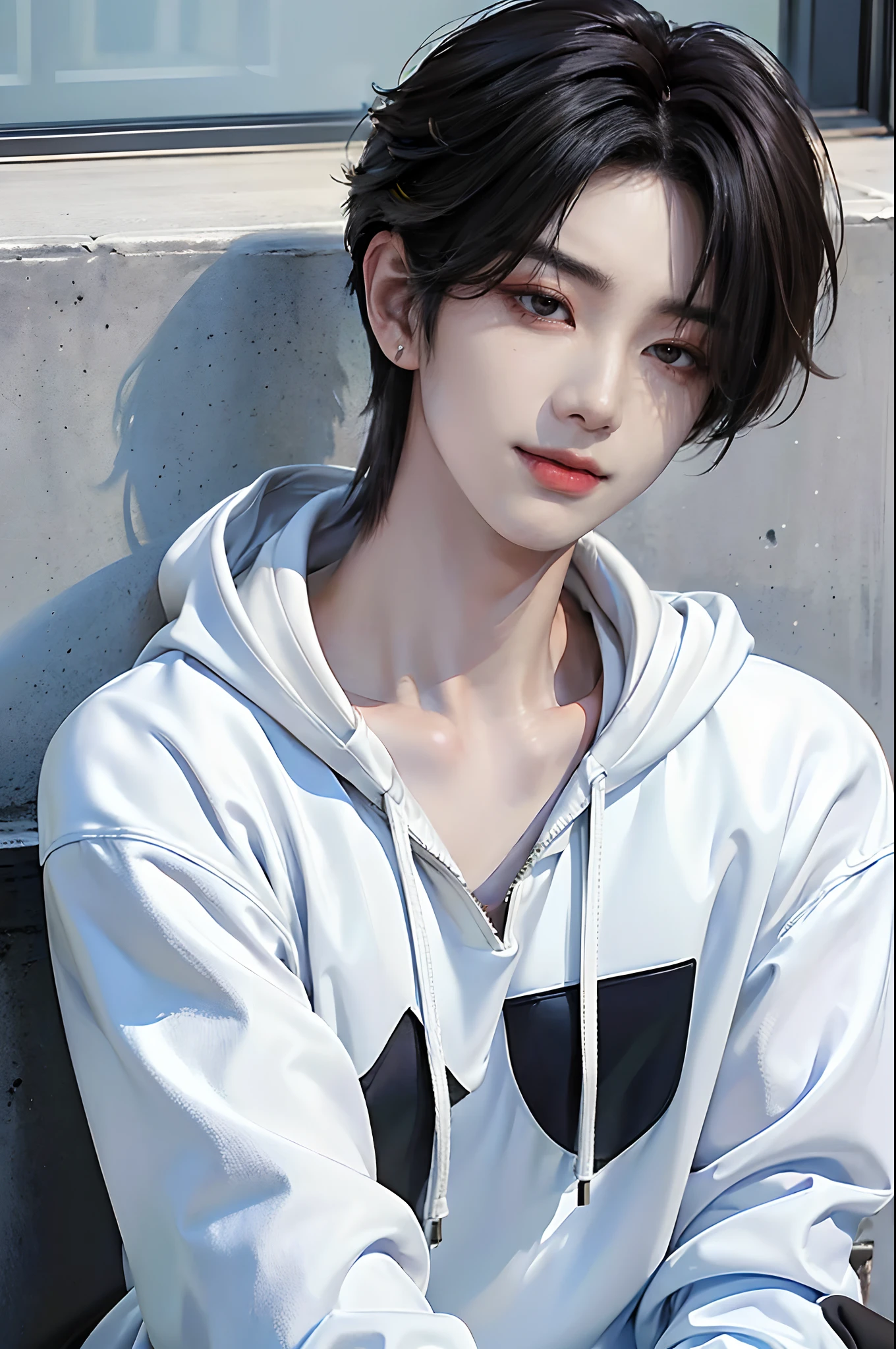 ((4K works))、masterpiece、(top-quality)、((high-level image quality))、((One Manly Boy))、Slim body、((Casual style with white hoodie and chic black denim jacket))、((Men's Fashion))、((He holds an iPhone in his hand))、(Detailed beautiful eyes)、In a fashionable city、Sitting on the curb and listening to music、Face similar to Chaewon in Ruseraphim、((short hair above the ears))、((Smaller face))、((Neutral face))、((Light brown eyes))、((Korean boy))、((18year old))、((Handsome man))、((Sexy expression sticking out tongue and smiling))、((Korean Makeup))、((elongated and sharp eyes))、((photo of a model))、((Like a celebrity))、Professional Photos、((Shot alone))、((Sitting on the curb and listening to music through headphones))、((He sits in front of the viewer))、((Shot diagonally up from the front))、((Upper body photography))