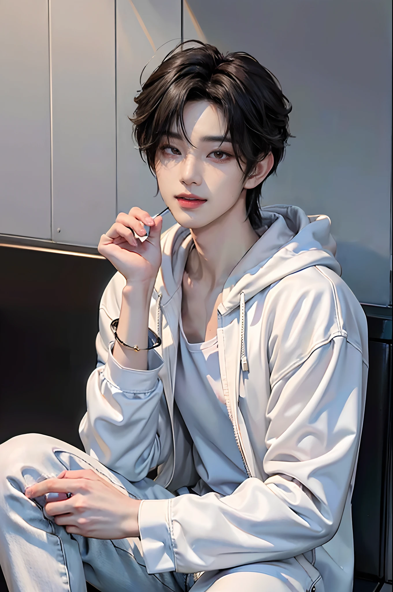 ((4K works))、​masterpiece、（top-quality)、((high-level image quality))、((One Manly Boy))、Slim body、((Casual style with white hoodie and chic black denim jacket))、((Men's Fashion))、((He holds an iPhone in his hand))、(Detailed beautiful eyes)、In a fashionable city、Sitting on the curb and listening to music、Face similar to Chaewon in Ruseraphim、((short hair above the ears))、((Smaller face))、((Neutral face))、((Light brown eyes))、((Korean boy))、((18year old))、((Handsome man))、((Sexy expression smiling while sticking out her tongue and licking her lips))、((Korean Makeup))、((elongated and sharp eyes))、((photo of a model))、((Like a celebrity))、Professional Photos、((Shot alone))、((Sitting on the curb and listening to music through headphones))、((He sits in front of the viewer))、((Shot diagonally up from the front))、((Upper body photography))