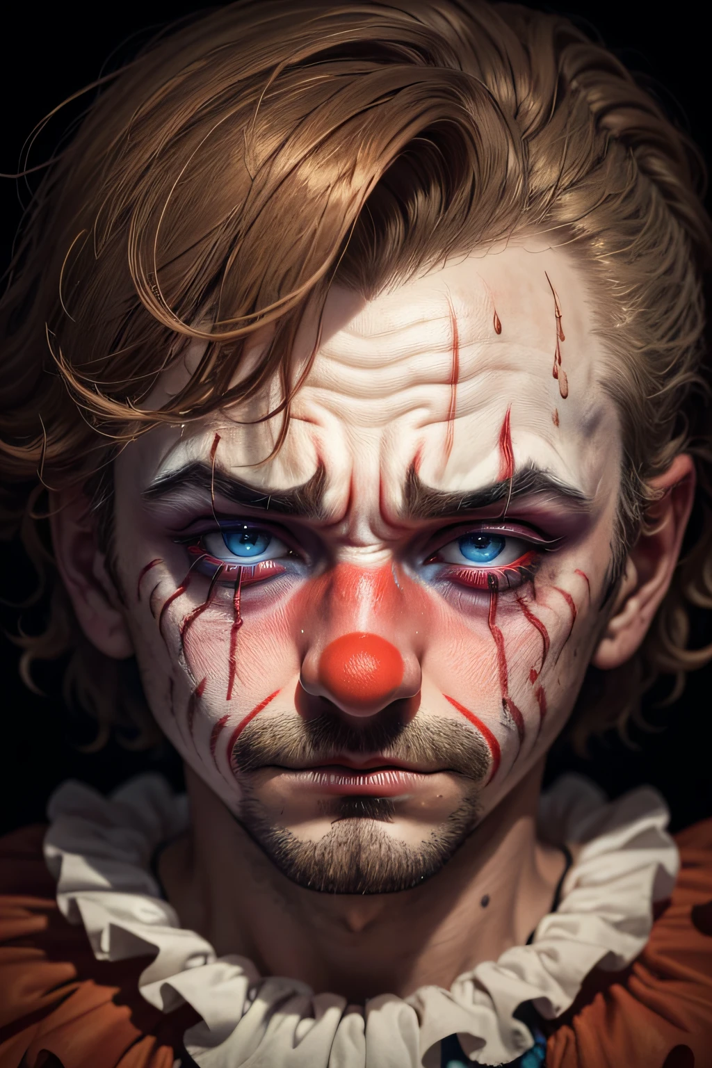 a very detailed macro photography close-up of the face of a sad clown after his performance. his makeup is starting to run, he is sweating and his hair is disheveled