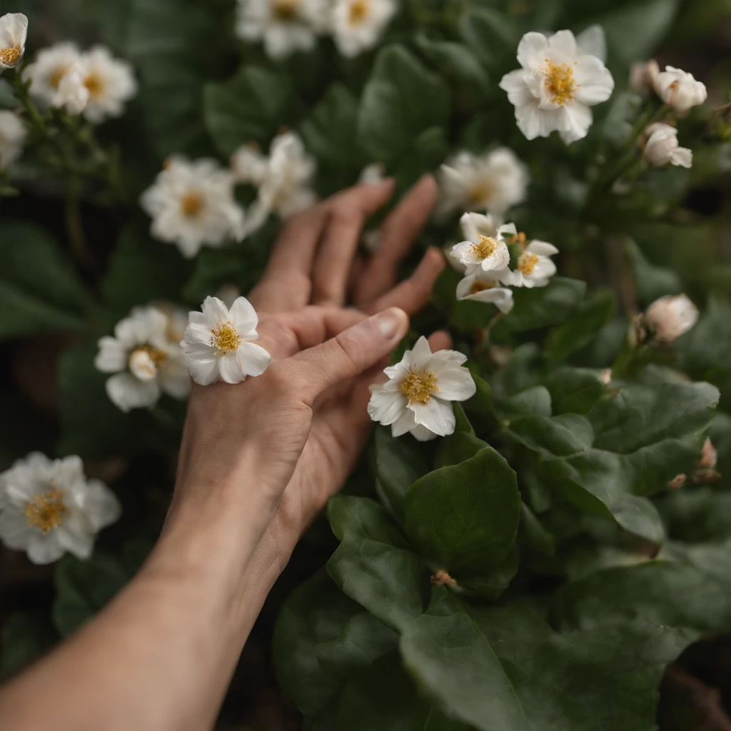 Realistic photo of a hand crushing some flowers, qualidade 4K, fundo bege, no distortions or manch