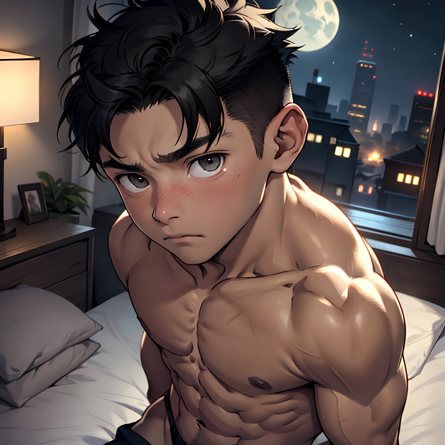 (masterpiece, Best Quality),The whole body of boy, restrained chest(younge boy),ager face,Rear view,Body tilt,delicate big eyes,Open your eyes,,smooth and delicate skin,Short square face,Surprised expression,infancy,young age,short round face,Flat chin,finely detaild face,well-muscled,short bright black hair,with an intricate,nakeness,(backbone:1.2),the night,vivd colour,(depth of fields:1.2),Raised sexy,,bed room,