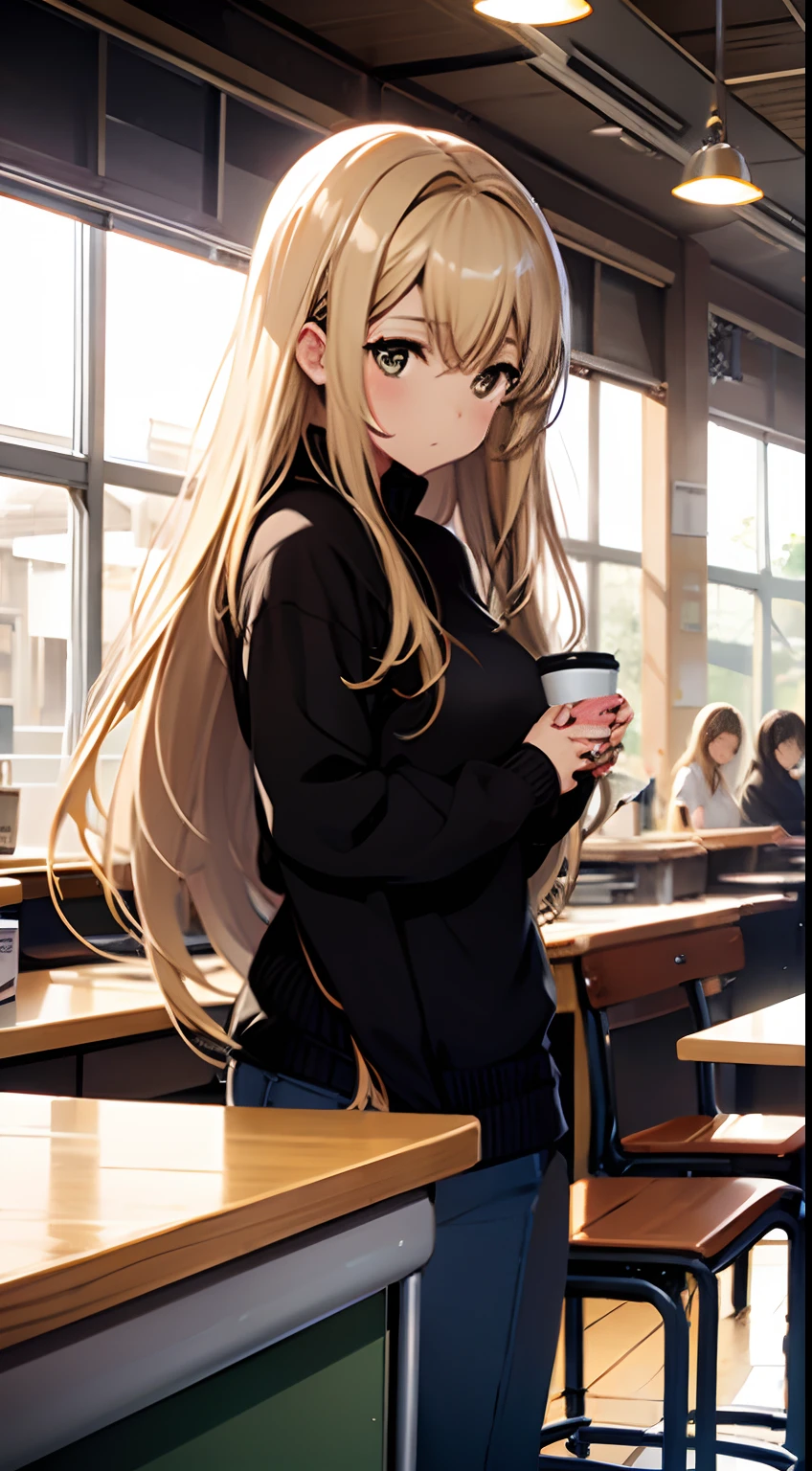 ((Miyuki)) blonde long hair, cute girl, standing at cafeteria table, black sweater