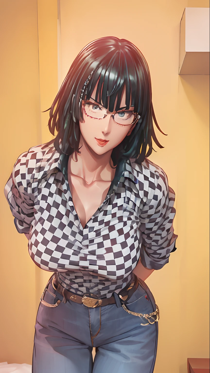 Girl, smile, red lips, big nose, big tits, shorts hair, glasses, necklace, checkered patterned shirt
, Levi's trousers, sexy body, sexy pose, stand pose, view facing the camera, view facing forward
, beautiful girl, in room, realistic