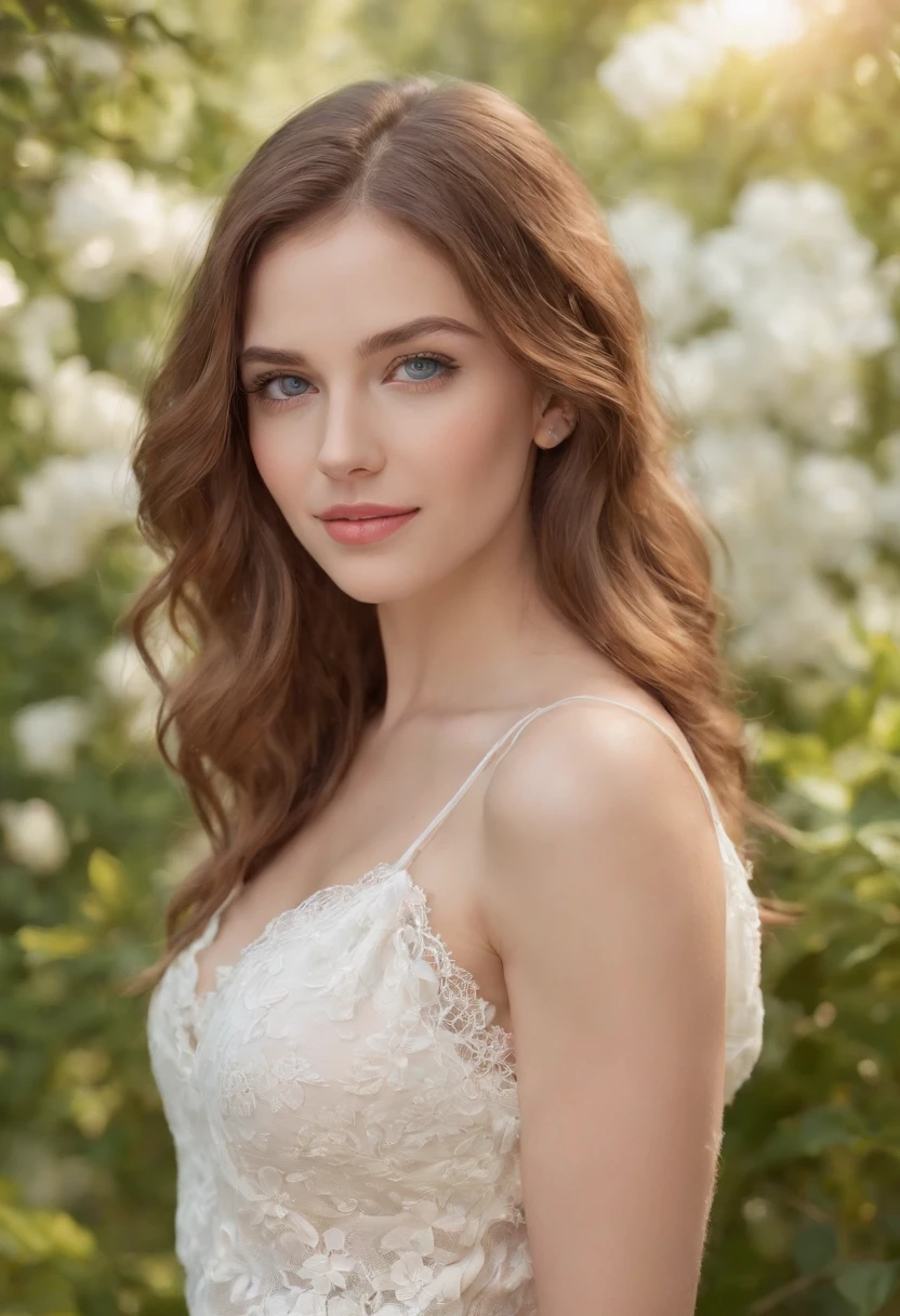 (best quality,4k,8k,highres,masterpiece:1.2),ultra-detailed,(realistic,photorealistic,photo-realistic:1.37),portrait,white girl,sky blue eyes,(hot,attractive) body,shorts,lace,full body profile,soft lighting,summer garden scenery,flowing curly hair,jewelry,floral background,dainty smile,vibrant colors,bokeh