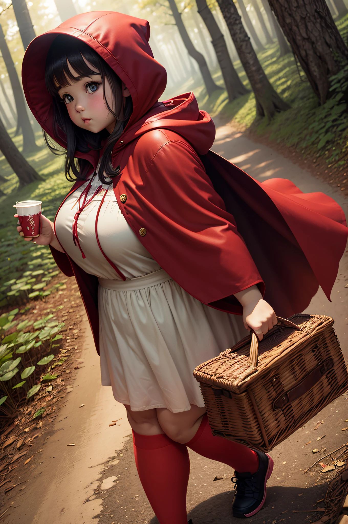 slightly chubby girl in a red cape with a hood and a picnic basket in her hands, walking through the forest