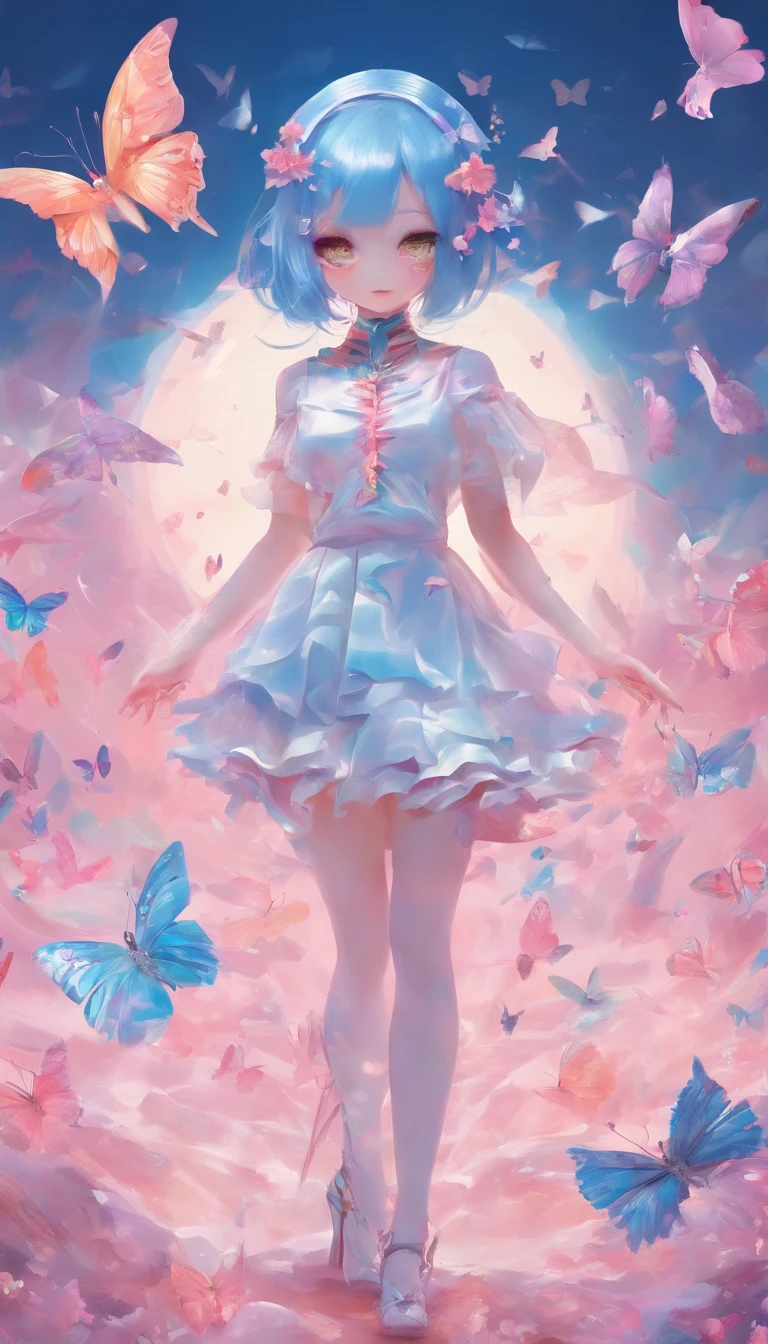 girl with, Tihuni blue hair, Tihuni blue hair, Short hair, (With metal rabbit ear headband: 1.2), Full body, (Delicate features: 1.5), Wearing a dreamy surrealist ruffled skirt, The color of the skirt is a gradient of Tihuni blue and pink, There are coral-like pink marshmallows around, Dance over several pinks dotted with black butterflies, Overall environmental tone is Tihuni, surrealistic style, art photo, Wonderland, Tihni's Dream, Pastel Dream, Transparent light, HD photography,