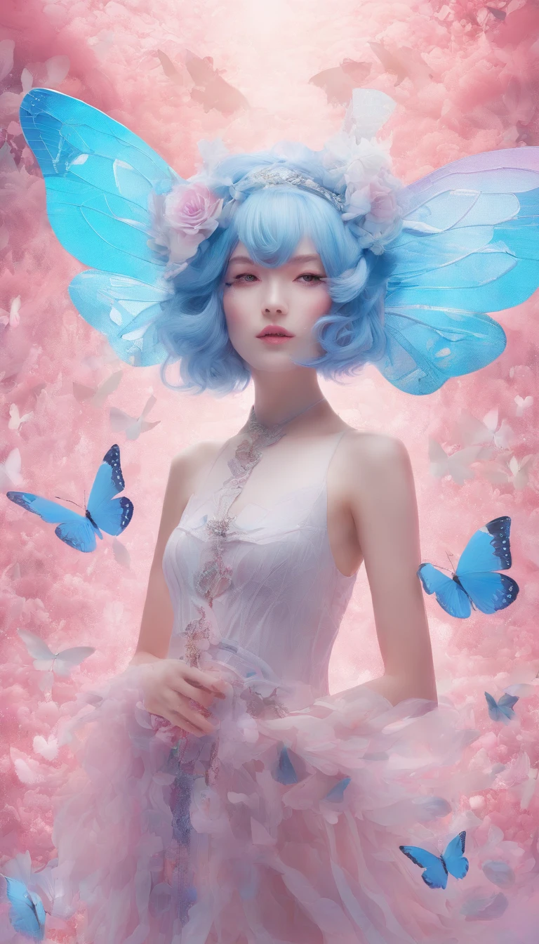 A girl, Tiffni blue hair, Tiffni blue hair, short hair, (with metallic rabbit ears headband: 1.2), full body, (delicate features: 1.5), wearing a dreamy surrealist frilly skirt, the color of the skirt is Tiffni blue and pink gradient, there are pink marshmallow like coral around, dancing above a few pink dotted with black butterflies, the overall environmental tone is Tiffni color, surrealistic style, art photo, Wonderland, Tiffni's dream, pastel dream, transparent light, Hd photography,