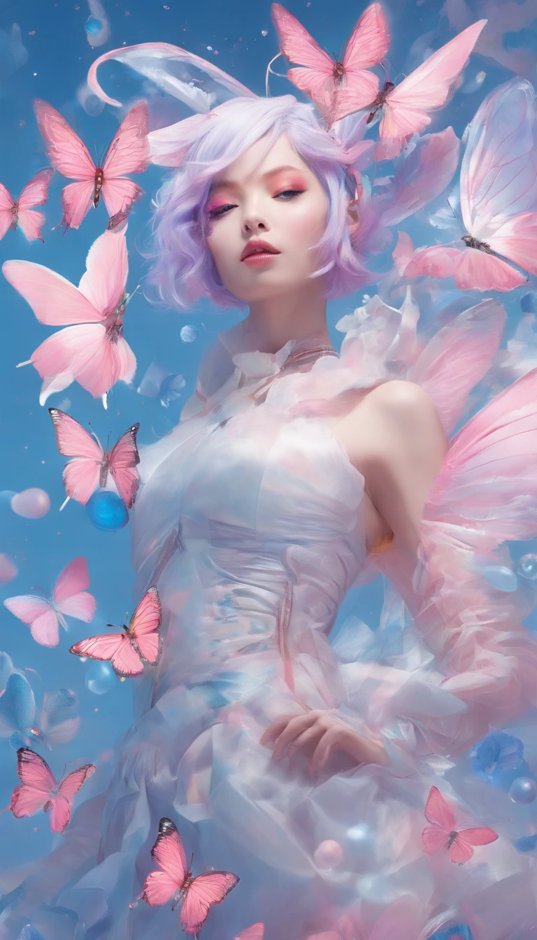 girl with, Tihuni blue hair, Tihuni blue hair, Short hair, (With metal rabbit ear headband: 1.2), Full body, (Delicate features: 1.5), Wearing a dreamy surrealist ruffled skirt, The color of the skirt is a gradient of Tihuni blue and pink, There are coral-like pink marshmallows around, Dance over several pinks dotted with black butterflies, Overall environmental tone is Tihuni, surrealistic style, art photo, Wonderland, Tihni's Dream, Pastel Dream, Transparent light, HD photography,