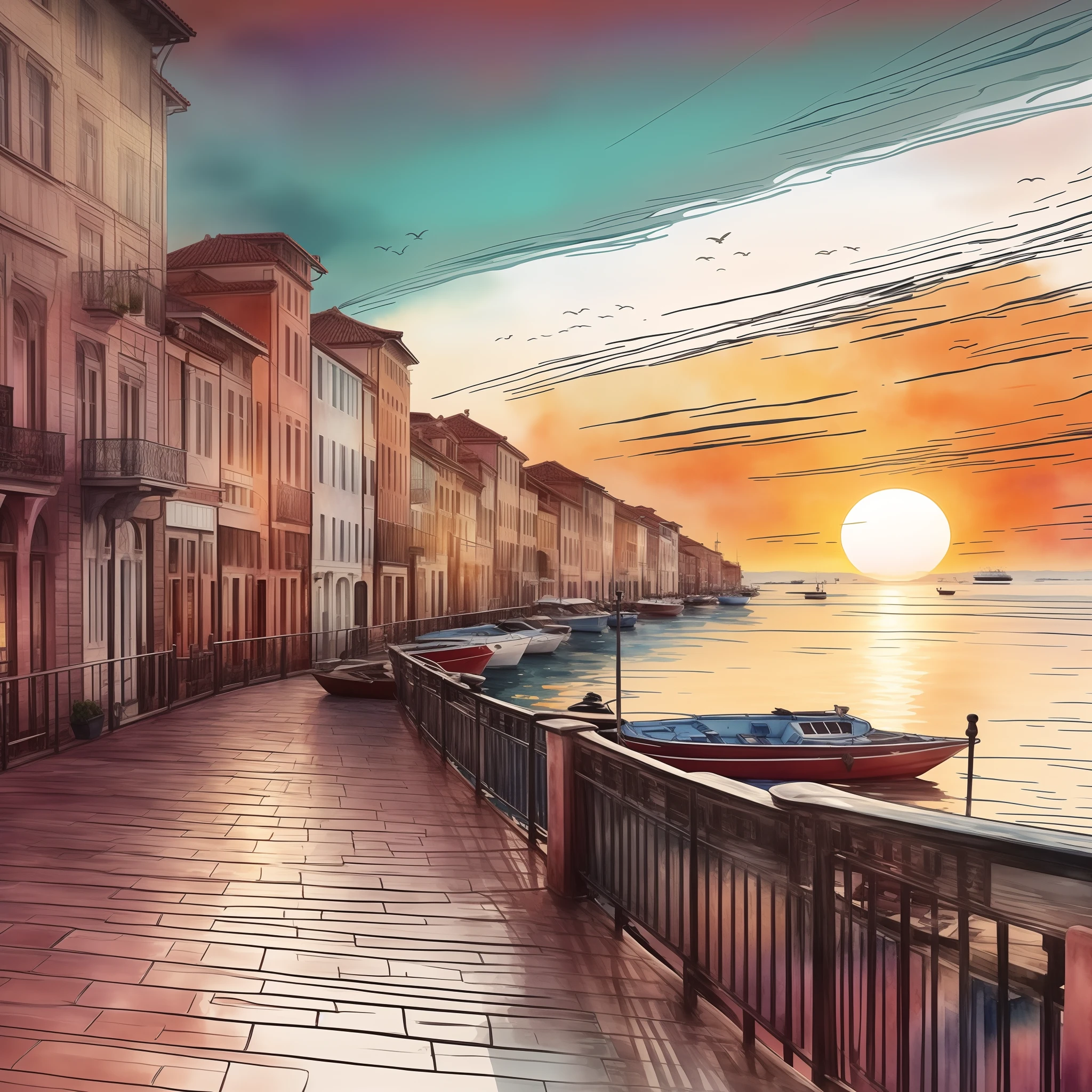 a drawing of a sunset over a city with a boat on the water, in stunning digital paint, sunset illustration, beautiful art uhd 4 k, vibrant digital painting, watercolor digital painting, digital art picture, by Antonio Rotta, nice sunset, digital painting style, scenery artwork, in style of digital painting, digital watercolor painting, artwork, a digital painting