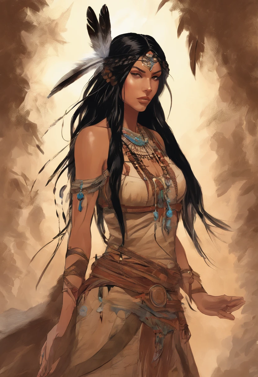 1 girl, native american, long black hair, twin braids, brown eyes, wearing buckskin mini dress, native american jewerly, very tan skin, daytime, open plains, absurdres, high res, ultrasharp, 8K, masterpiece, looking at viewer, hair blowing in the wind, large bust,