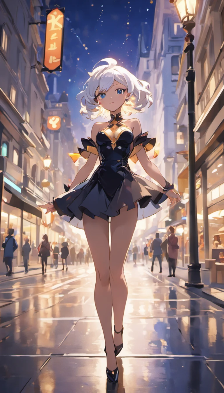 (Best quality,4K,A high resolution:1.2),Ultra-detailed,(Realistic,Photorealistic:1.37),The white-haired woman walked seductively down the street, black formal,Smooth polished hair,Confident posture,cityscape in the background,Dark and mysterious atmosphere,A vibrant and energetic scene,captivatinggaze,Strong presence,Elegant and sophisticated appearance,dynamic shadowing,subtle reflections,High contrast lighting,Modern and urban environment,graceful movements,Illuminated street lights,arquitetura impressionante,Striking visual composition,Dramatic and avant-garde style,Special attention to detail,Rich depth of field,expressive facial features,Sharp silhouette,Exquisite craftsmanship,Impressive realism,Artistic and elegant expression,striking colors,Meticulous attention to shadows and highlights,Sparkling streetscape,Stylish and stylish look,Impeccable sense of fashion,Flawless makeup,Confident and seductive expression
