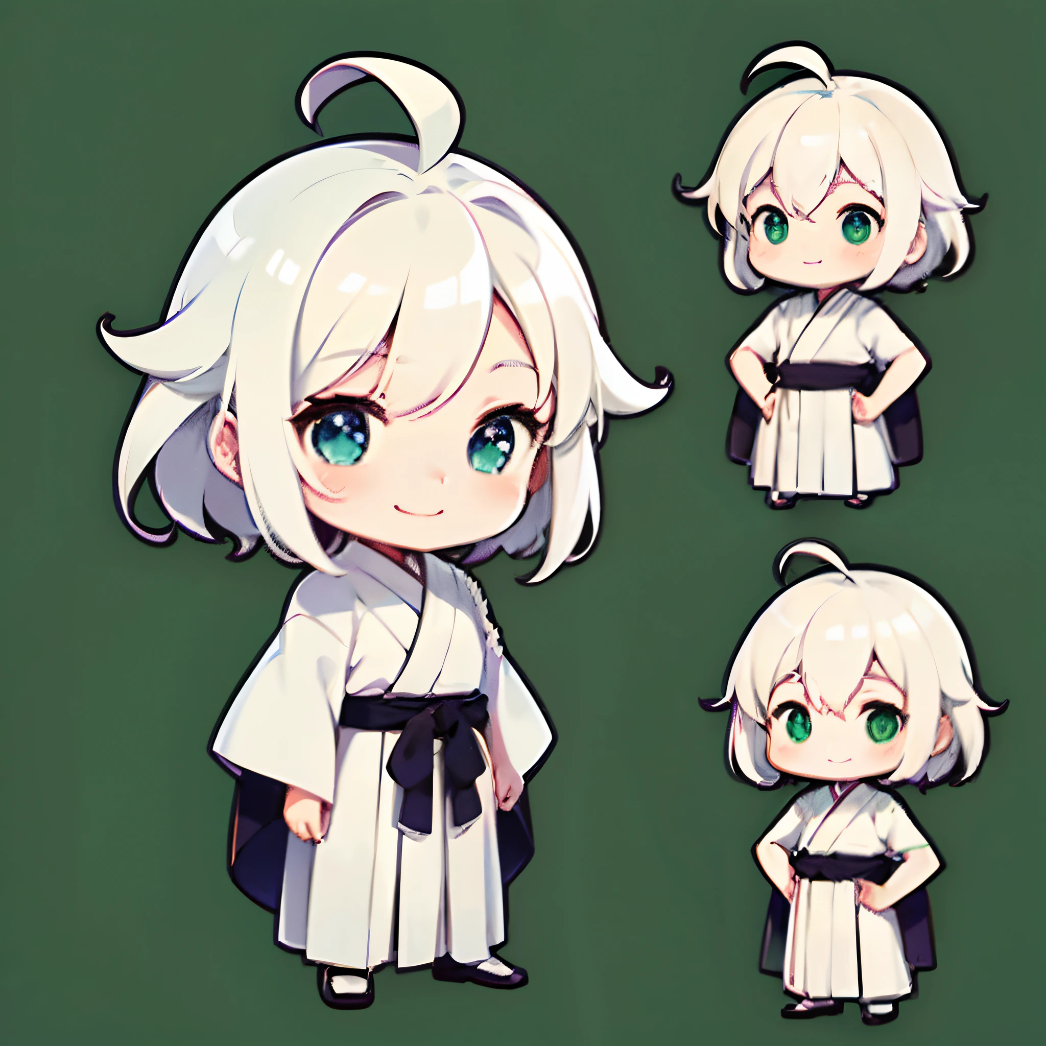 超A high resolution, Best aesthetic, the highest quality depiction,   Flat Avatar,  ((anime visual)), Cute art style, Chibi,   Ahoge, is shy, A smile,   simple background, side locks, High quality,((male people)),(white  hair),(Whitehair),(Green Hakama)