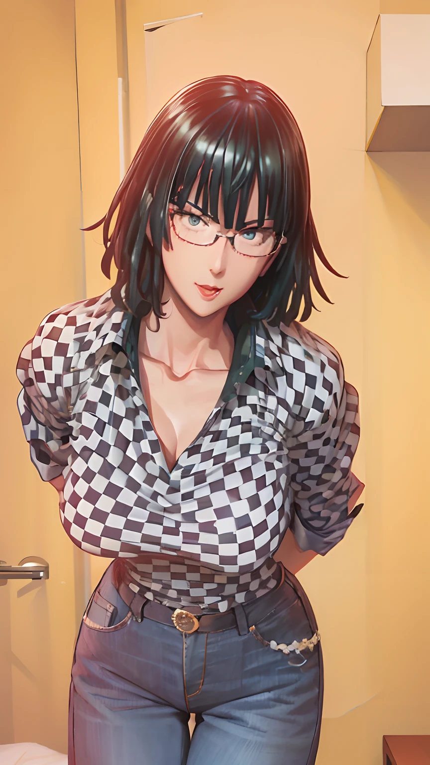 Girl, smile, red lips, big nose, big tits, shorts hair, glasses, necklace, checkered patterned shirt
, Levi's trousers, sexy body, sexy pose, stand pose, view facing the camera, view facing forward
, beautiful girl, in room, realistic