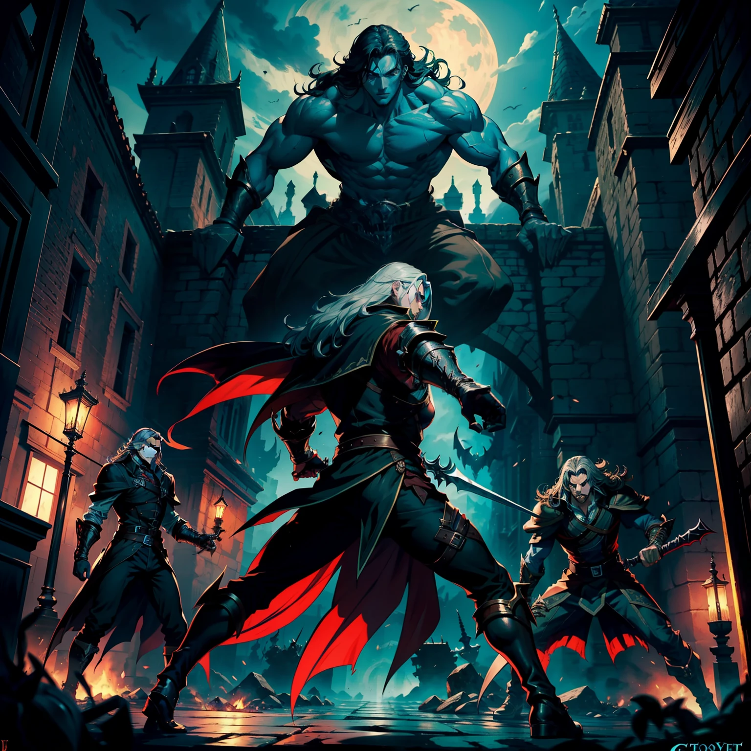 Castlevania Shadow Lord hyper realistic super detailed Dynamic cinematic scenes of men in correct combat Anatomy correct pose Army of medieval anatomy different angle of view
