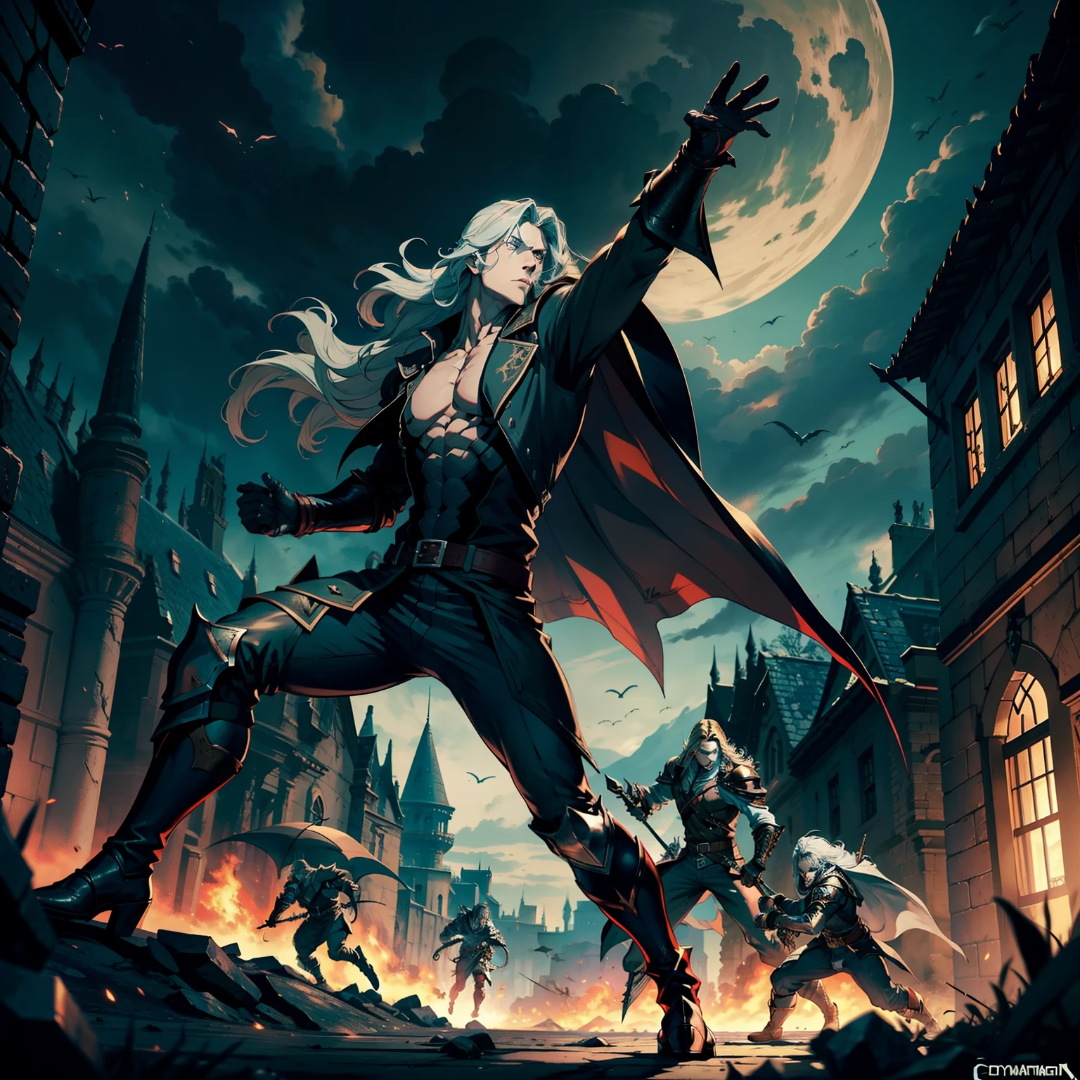 Castlevania Shadow Lord hyper realistic super detailed Dynamic cinematic scenes of men in correct combat Anatomy correct pose Army of medieval anatomy different angle of view
