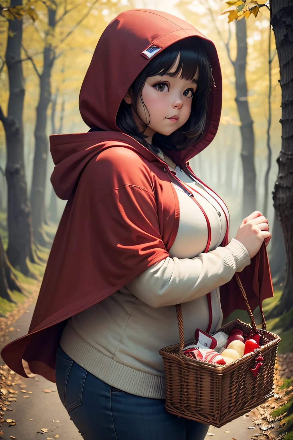 Realistic image 3d anime style frontal nude woman wearing a red hoodie with basket of apples in forest talking to werewolf