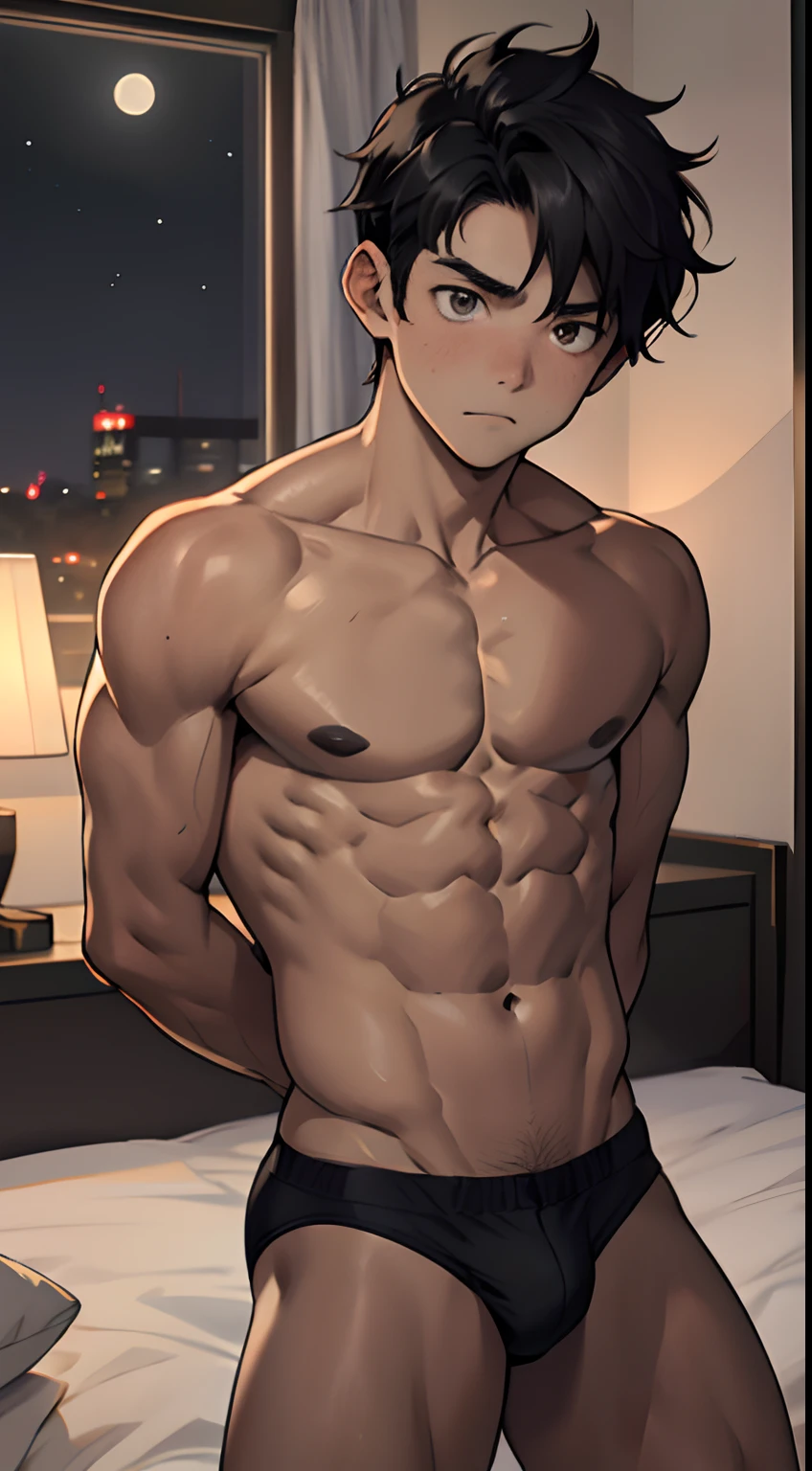 (masterpiece, Best Quality),The whole body of boy, restrained chest,handcuffs,(e boy),teenager face,Body tilt,delicate big eyes,Open your eyes,,smooth and delicate skin,Short square face,Surprised expression,infancy,young age,short round face,Flat chin,finely detaild face,well-muscled,short bright black hair,with an intricate,nakeness,(backbone:1.2),the night,vivd colour,(depth of fields:1.2),Raised sexy,,bed room,
