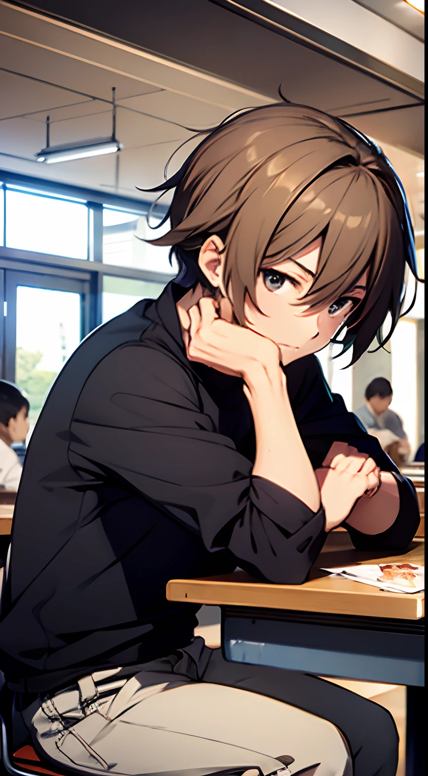 ((Satoshi)) brown hair, guy, sitting at cafeteria
