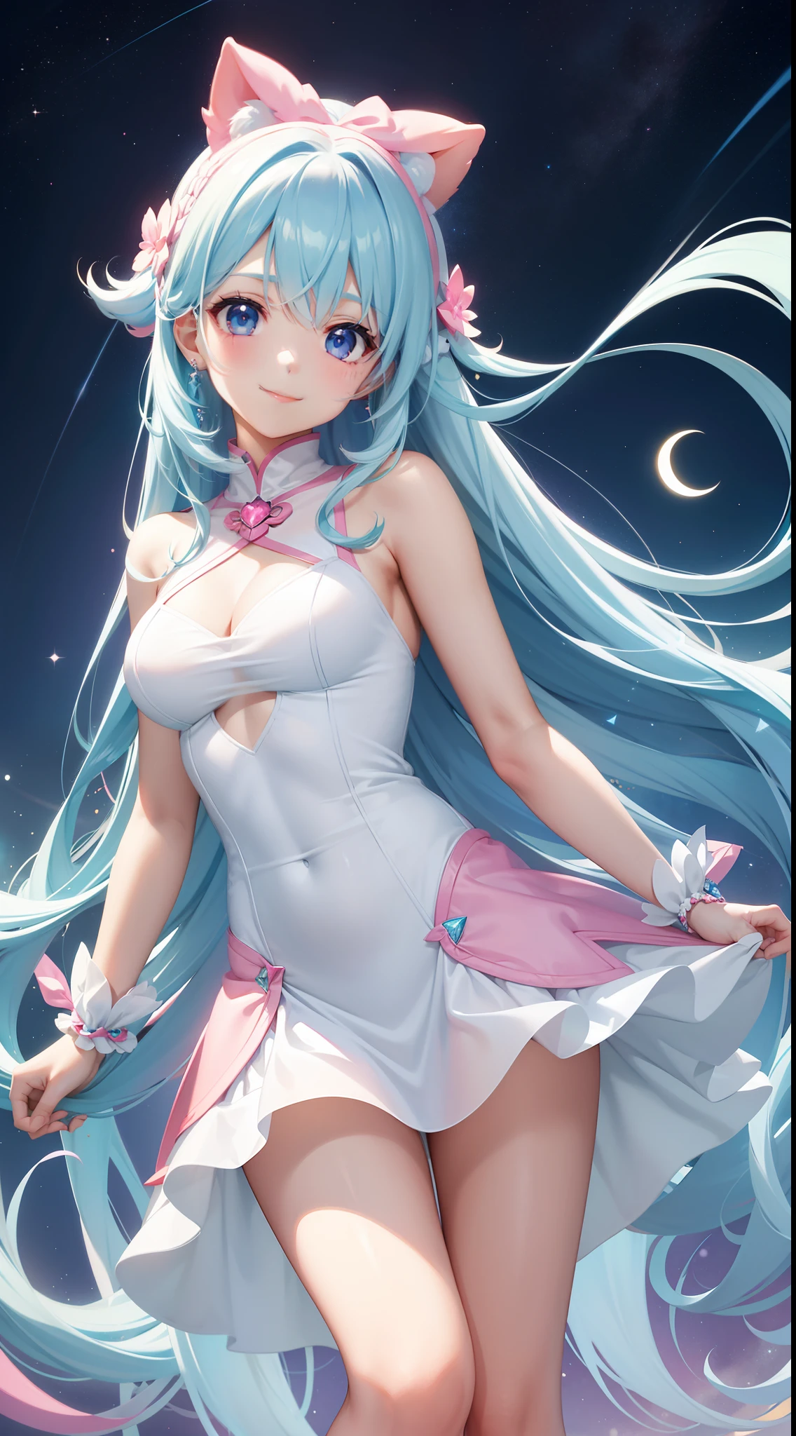Super Idol a beauty girl A charming smile sky blue hair length hair Twin-tailed Bright pink and white see-through outfit Mystical Fantasia constellation a moon Crystal Brilliance Aurora Borealis in the Night Sky