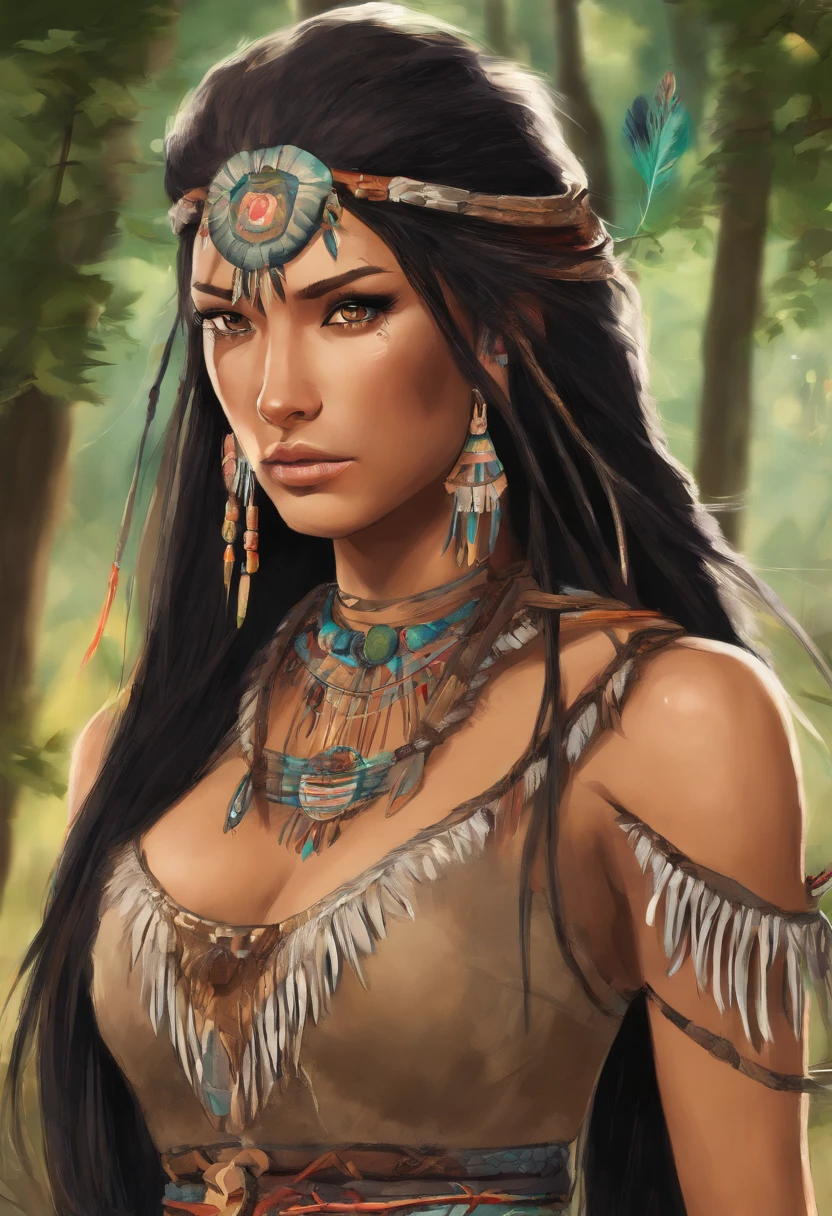 Pocahontas, tribal essence, forest, hyperrealism, hyper details