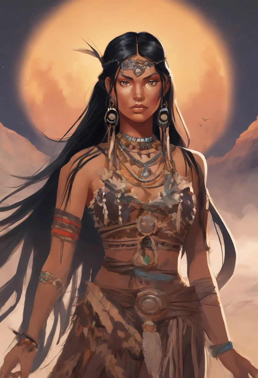 1 girl, native american, long black hair, twin braids, brown eyes, wearing buckskin mini dress, native american jewerly, very tan skin, daytime, open plains, absurdres, high res, ultrasharp, 8K, masterpiece, looking at viewer, hair blowing in the wind, large bust,