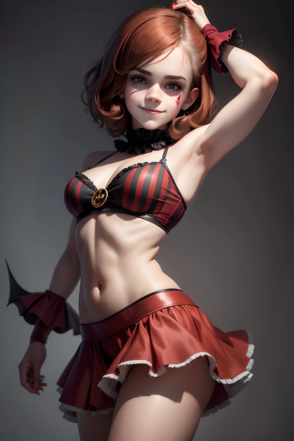 teen Emma Watson as a sinister devilish clown with a demonic smile
