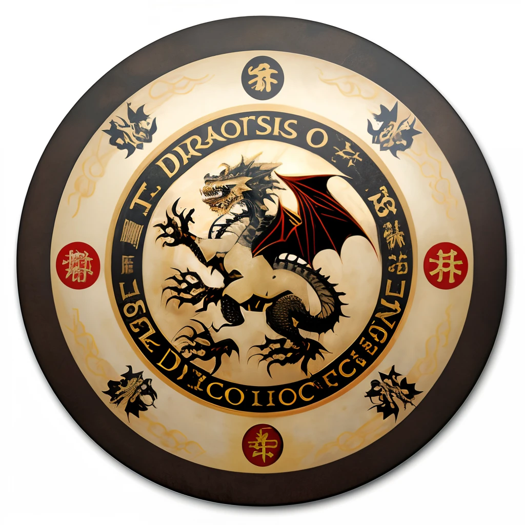 There is a dragon on a plate with Chinese writing on it, dragon design language, Drogon, european dragon, dragon centered, Dragoned, "firebreathing dragon, escudo de fantasia, Gwyn, Gravado, design do escudo, Fight the dragon, Sigil, Mundo de Fogo e Sangue, Masmorras & dragons, art of dragon, dra the dragon, Arte de Game of Throne