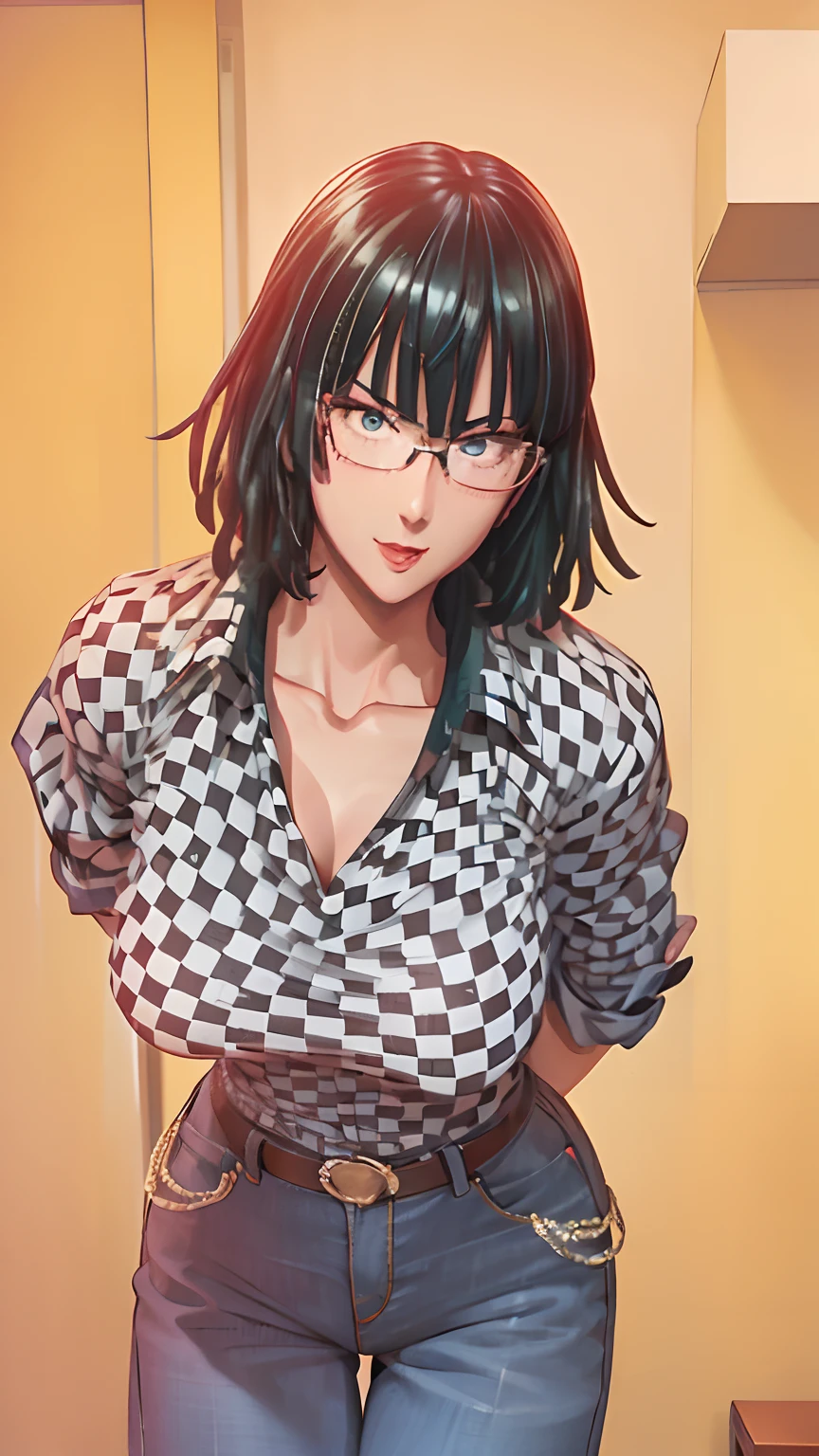 Girl, smile, red lips, big nose, big tits, shorts hair, glasses, necklace, checkered patterned shirt
, Levi's trousers, sexy body, sexy pose, stand pose, view facing the camera, view facing forward
, beautiful girl, in room, realistic