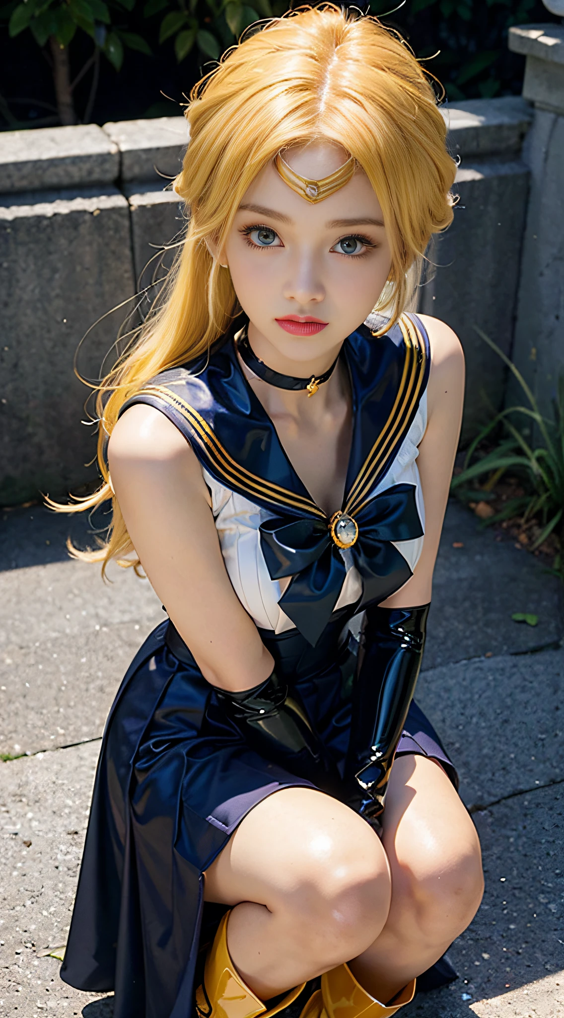 ((​masterpiece:1.4)、(top-quality:1.4)、(reallistic:1.7))、masuter piece:1.4、a beauty girl、(Sailor Moon:1.4)、Tsukino Usagi、Body Fit Sexy Sailor Senshi Uniform、(latex shiny)、(The jacket is a white sleeveless sailor suit)、(Skirt is blue sexy ultra ultra mini skirt)、The collar of the sailor suit is blue with two thin lines.、high leg swimsuit、Red cloth ornament at chest、(Wearing white gloves)、Kawaii Girl、Super beauty、foco nítido、Portrait photos、Upper body photography:1.4、beautiful countenance、beautidful eyes、Narrow waist、(Yellow hair:1.4)、(length hair:1.2)、Raw photo、red-lips、Red high heels:1.4、a choker:1.4、a necklace:1.4、耳Nipple Ring:1.4、Luxurious golden tiara on forehead:1.4、1 screen display、Outdoor landscape