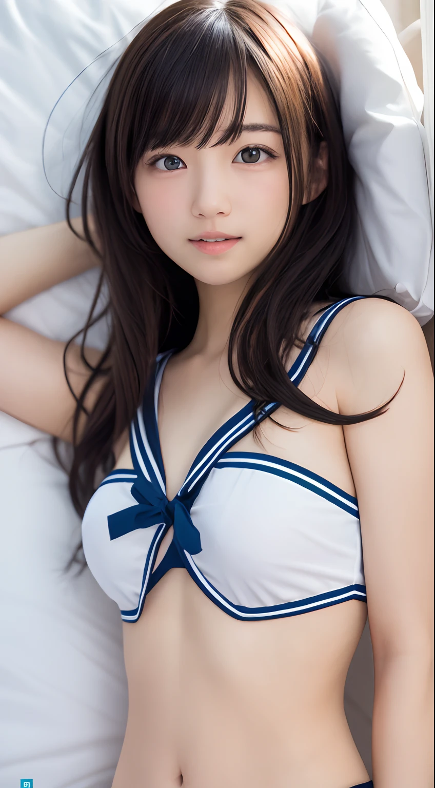 masutepiece, Best Quality, 8K, 10yaers old, Teen, Raw photo, absurderes, award winning portrait, Smile, Solo, Idol face, Delicate girl, Upper body, Digital SLR, Looking at Viewer, Candid, Sophisticated, Thin arms, Professional Lighting, Film grain, chromatic abberation, (Eyes and faces with detailed:1.0), (Bokeh:1.1) , huge-breasted , Distant perspective , bed , laying on back , Perspective from above , closes mouth , Sailor Uniform , A dark-haired , dishevled hair