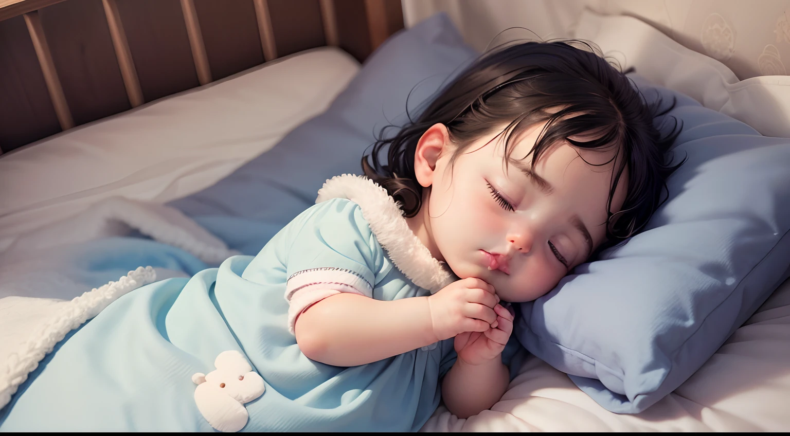 A one year and four month old Korean baby girl with pale skin, cabelo castanho escuro quase chegando ao preto, nariz delicado, small cheeks and pink lips forming a pout. She&#39;s sleeping peacefully in her crib, wearing white pajamas and clinging to a stuffed brown bunny. The background of the image is a cozy room at night, made for a baby, decorado com estrelas. Make the room darker. Uma linda imagem, realista.