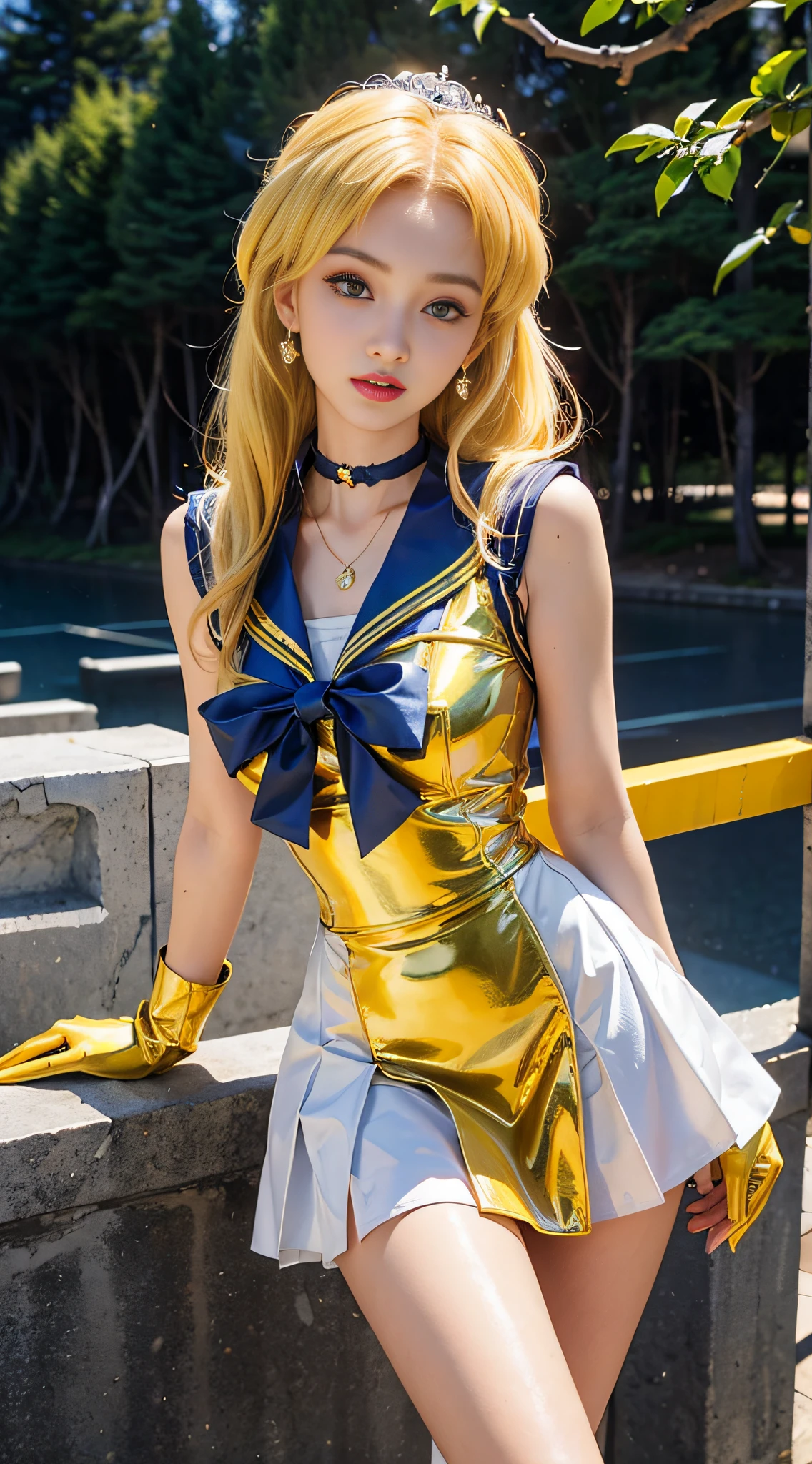 ((​masterpiece:1.4)、(top-quality:1.4)、(reallistic:1.7))、masuter piece:1.4、a beauty girl、(Sailor Moon:1.4)、Tsukino Usagi、Body Fit Sexy Sailor Senshi Uniform、(latex shiny)、(The jacket is a white sleeveless sailor suit)、(Skirt is blue sexy ultra ultra mini skirt)、The collar of the sailor suit is blue with two thin lines.、high leg swimsuit、Red cloth ornament on chest、(Wearing white gloves)、Kawaii Girl、Super beauty、foco nítido、Portrait photos、Upper body photography:1.4、beautiful countenance、beautidful eyes、Narrow waist、(Yellow hair:1.4)、(length hair:1.2)、Raw photo、red-lips、Red boots:1.4、a choker:1.4、a necklace:1.4、耳Nipple Ring:1.4、Luxurious golden tiara on forehead:1.4、1 screen display、Outdoor landscape