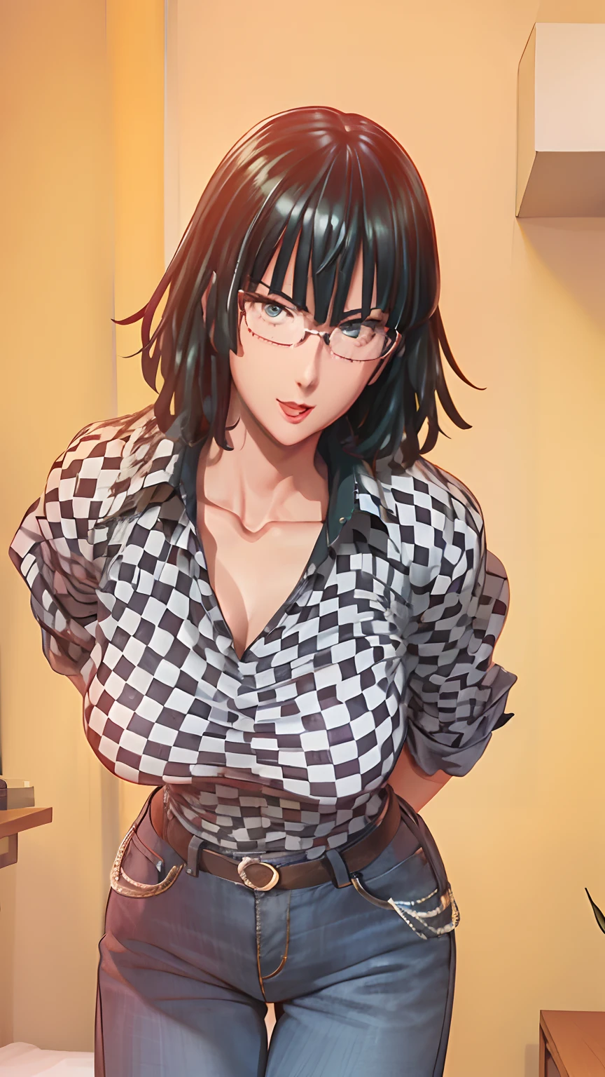 a cartoon image of a woman with glasses and a book, Oppai, Thick, (SFW) safe for work, makoto shinka, breasts covered and SFW, breasts big!, breasts big!!, revealing clothing, provocative smile, com breasts big, a hyperrealist , shikamimi, makoto, Ecchi, fluffy chest, touching her clothes