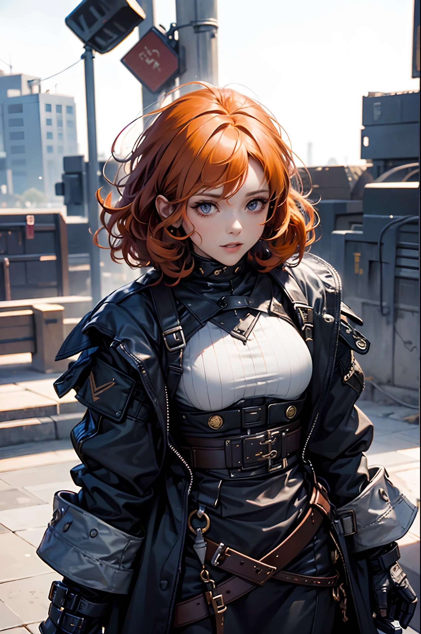 a close up of a woman in a dark purple outfit standing in front of a screen, ((with orange short curly hair)), a screenshot by Josetsu, polycount, process art, pc game with ui, full character, main character, in game, 8 k character details, leaked image, in-game, in - game, inventory item, screencapture, hd screenshot, new character, ingame image